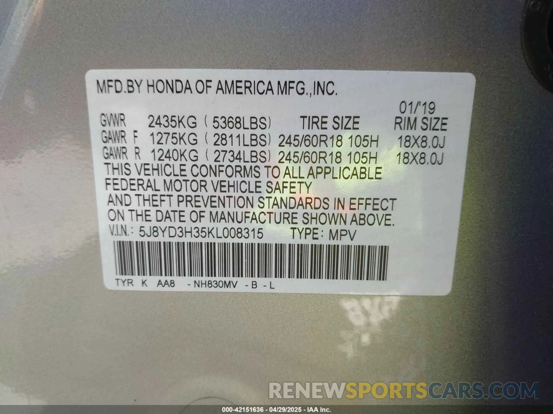 9 Фотография поврежденного автомобиля 5J8YD3H35KL008315 ACURA MDX 2019