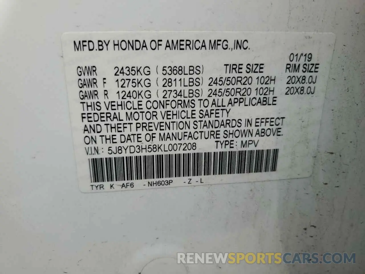 15 Photograph of a damaged car 5J8YD3H58KL007208 ACURA MDX 2019
