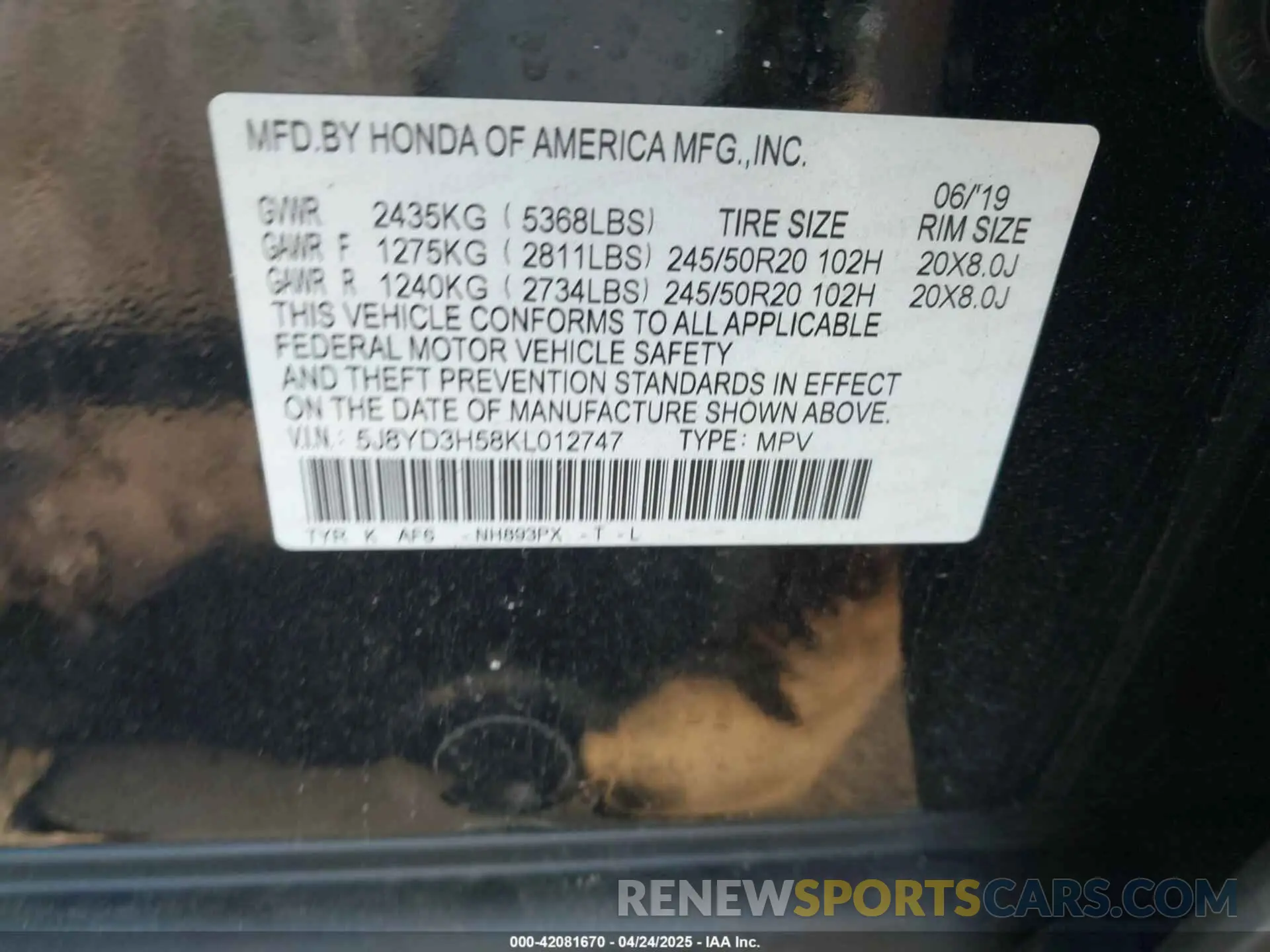 9 Photograph of a damaged car 5J8YD3H58KL012747 ACURA MDX 2019