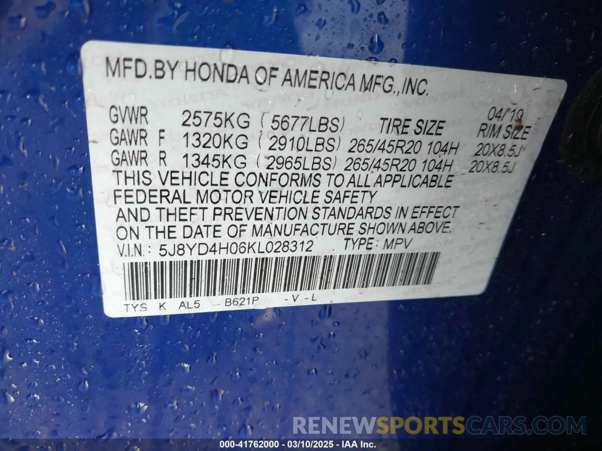 9 Photograph of a damaged car 5J8YD4H06KL028312 ACURA MDX 2019