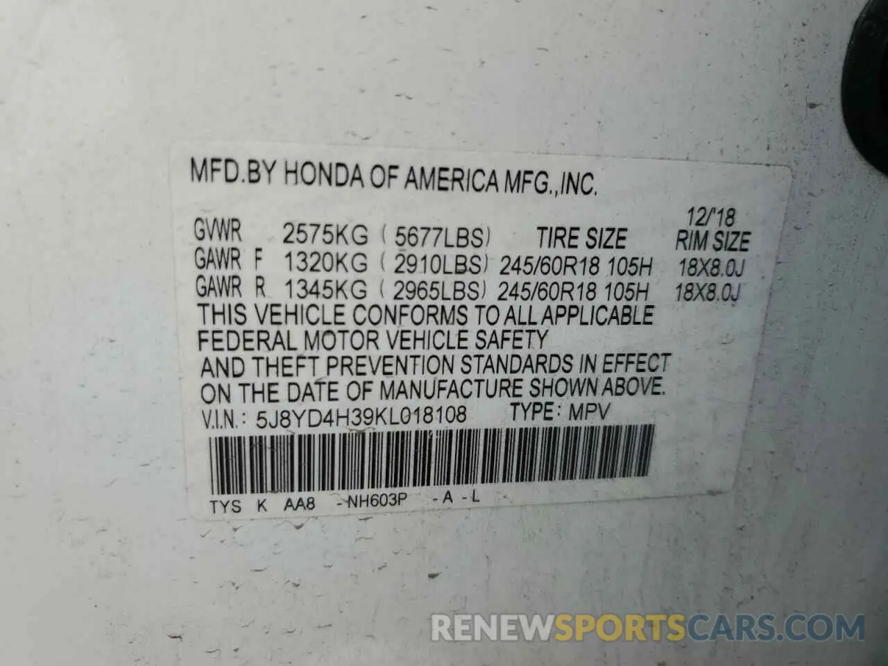 13 Photograph of a damaged car 5J8YD4H39KL018108 ACURA MDX 2019