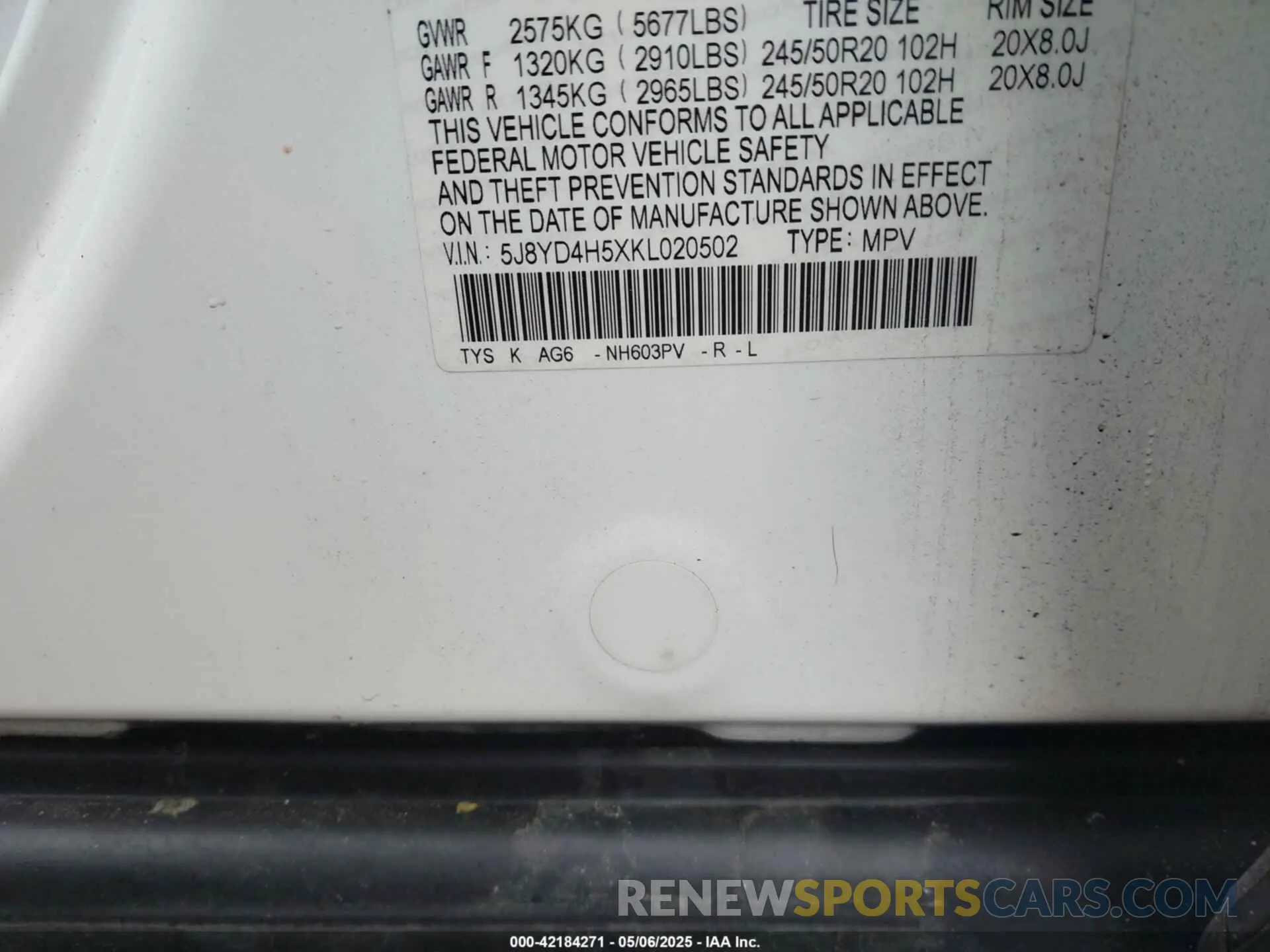9 Фотография поврежденного автомобиля 5J8YD4H5XKL020502 ACURA MDX 2019