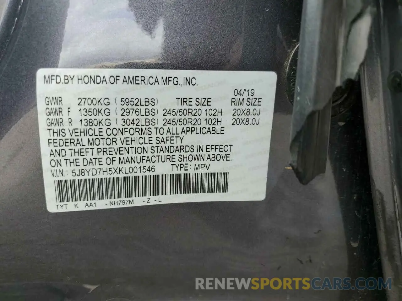 13 Photograph of a damaged car 5J8YD7H5XKL001546 ACURA MDX 2019