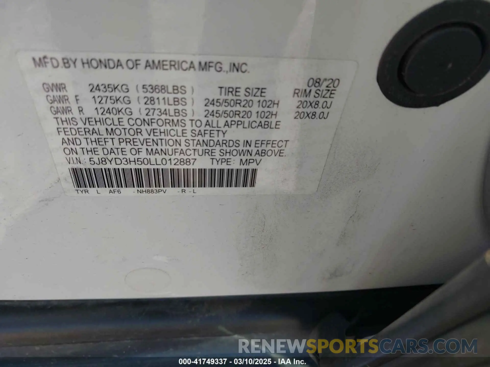 9 Фотография поврежденного автомобиля 5J8YD3H50LL012887 ACURA MDX 2020