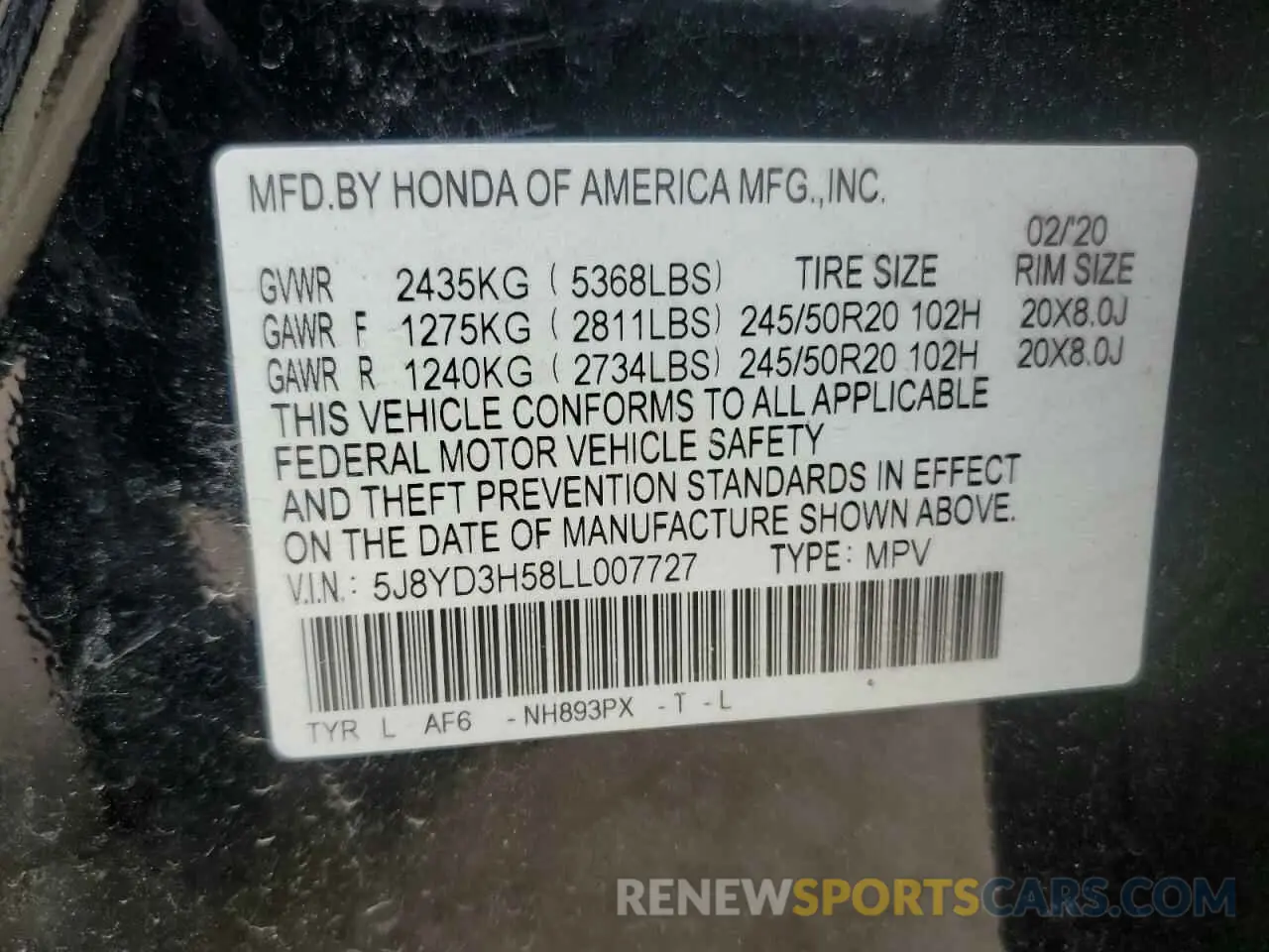 16 Фотография поврежденного автомобиля 5J8YD3H58LL007727 ACURA MDX 2020