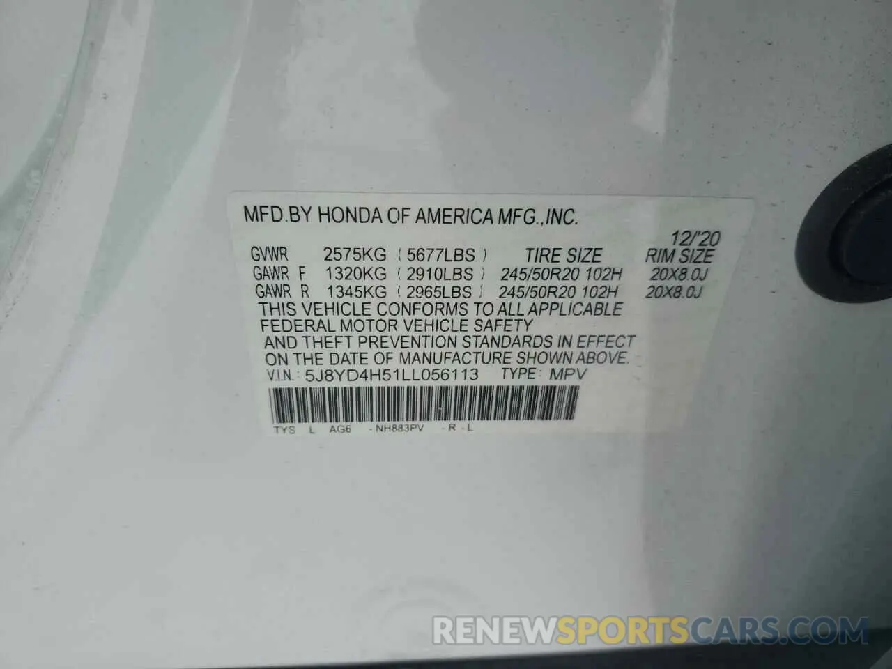 13 Photograph of a damaged car 5J8YD4H51LL056113 ACURA MDX 2020