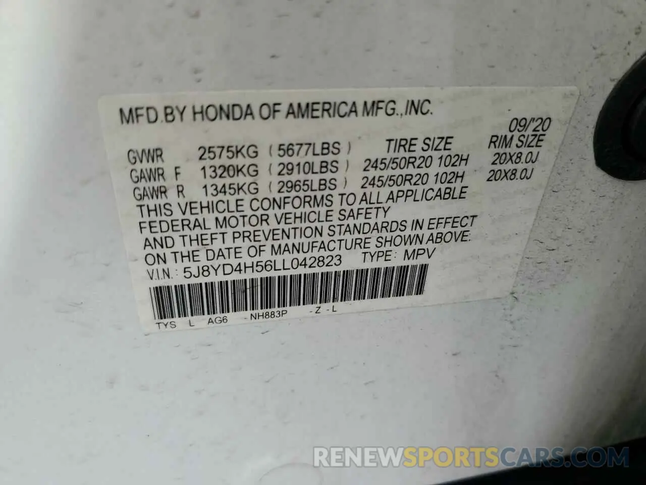 13 Photograph of a damaged car 5J8YD4H56LL042823 ACURA MDX 2020