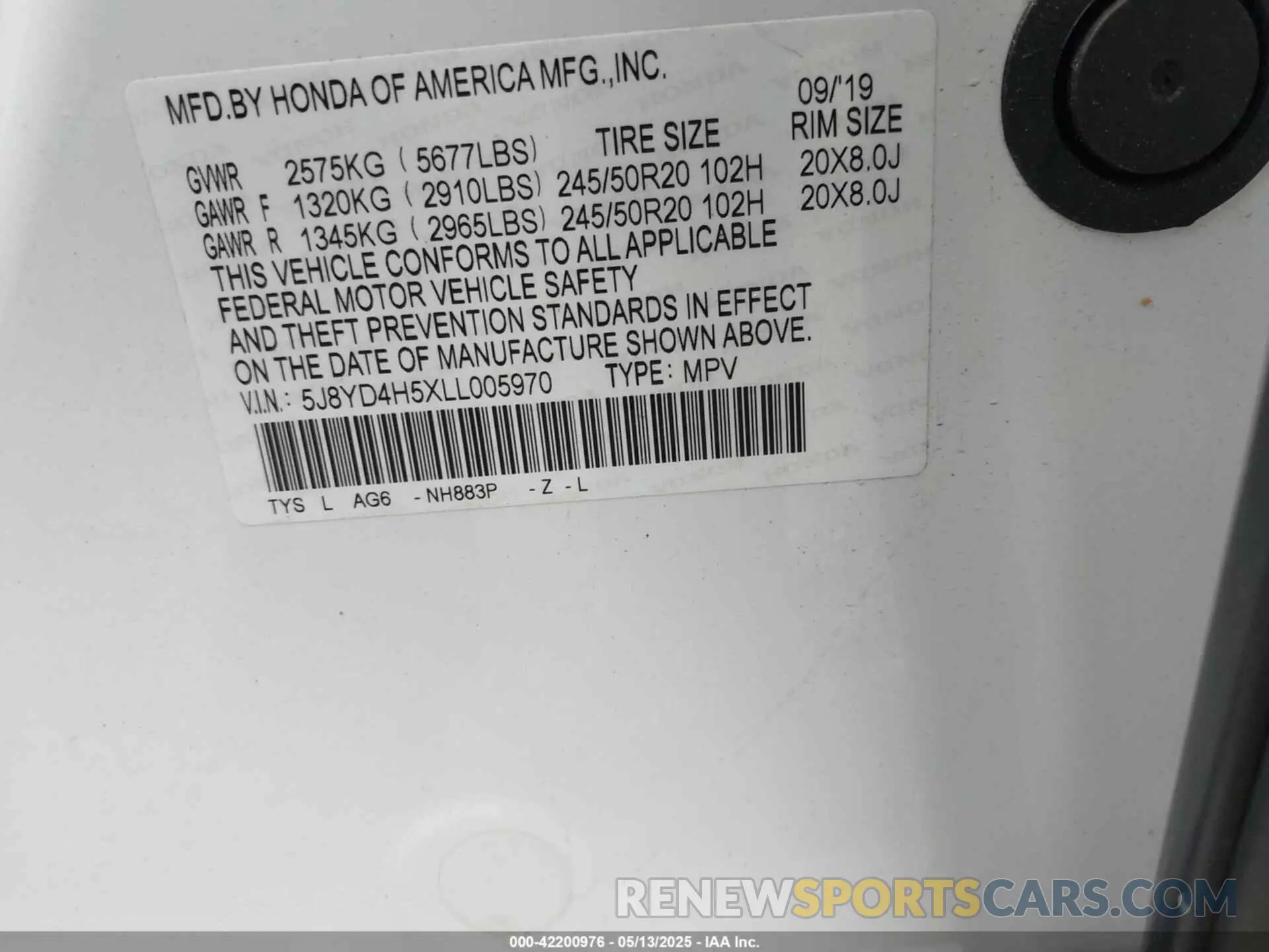 9 Фотография поврежденного автомобиля 5J8YD4H5XLL005970 ACURA MDX 2020