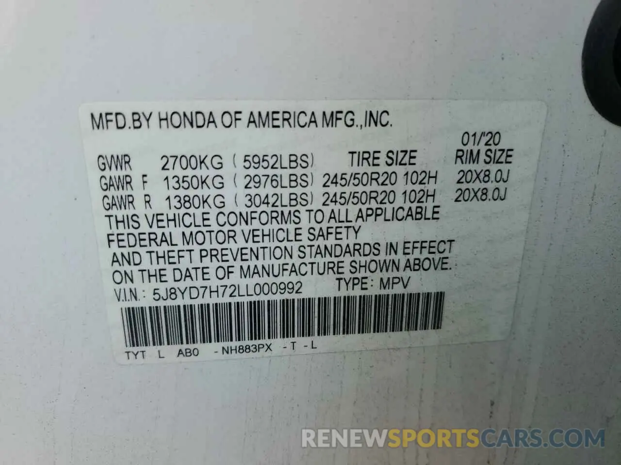 12 Photograph of a damaged car 5J8YD7H72LL000992 ACURA MDX 2020