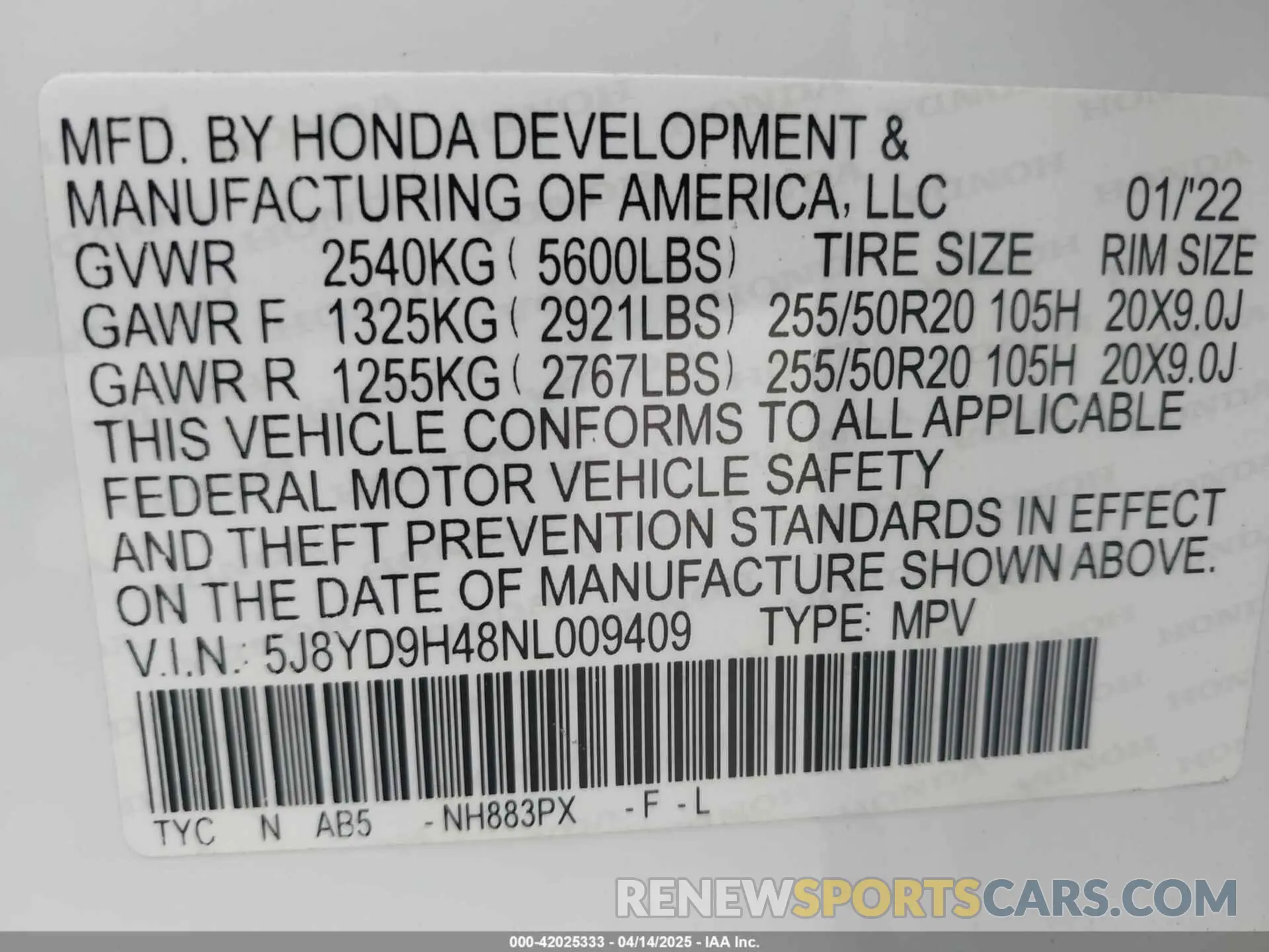 9 Photograph of a damaged car 5J8YD9H48NL009409 ACURA MDX 2022