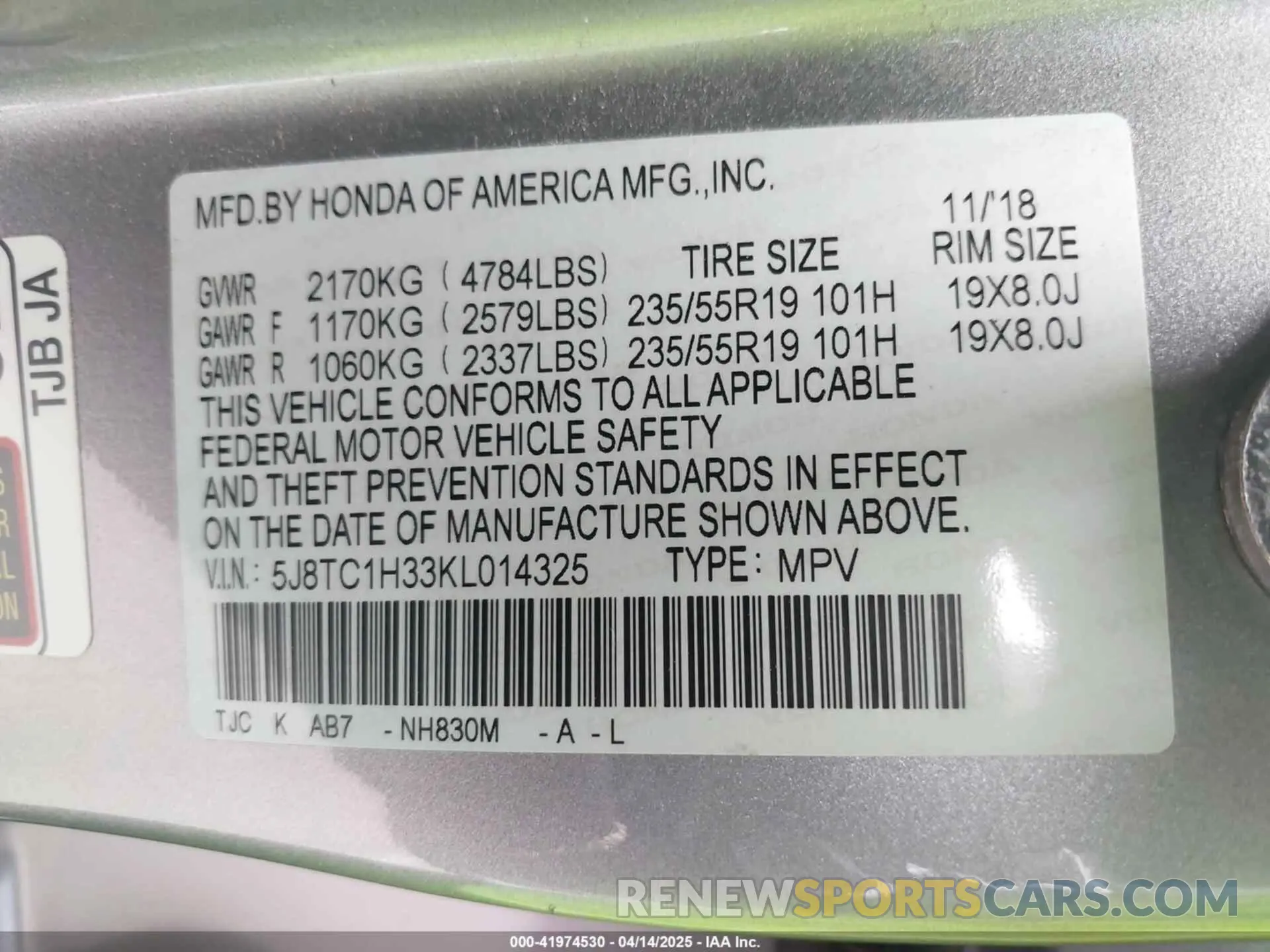 9 Photograph of a damaged car 5J8TC1H33KL014325 ACURA RDX 2019