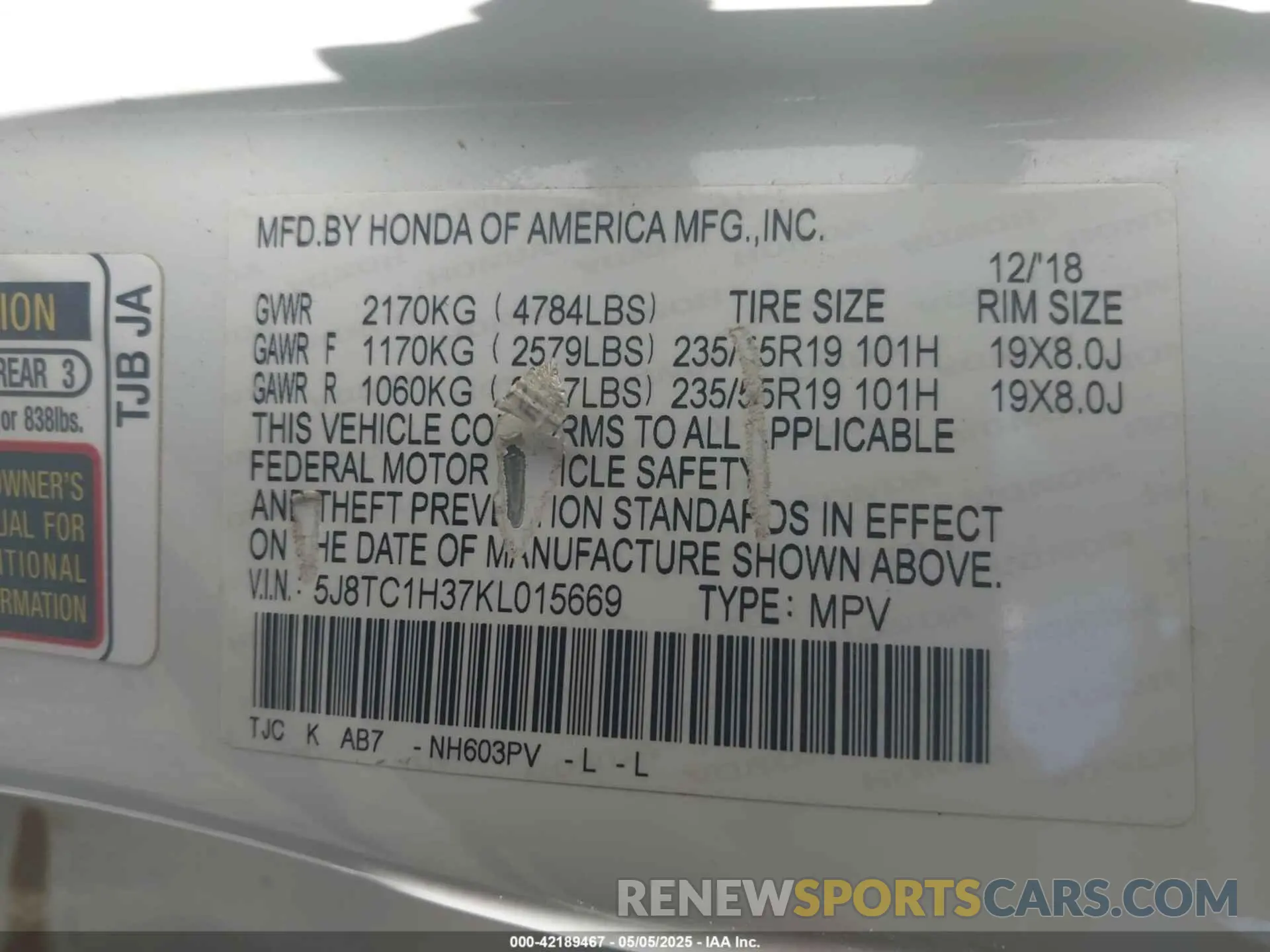 9 Photograph of a damaged car 5J8TC1H37KL015669 ACURA RDX 2019