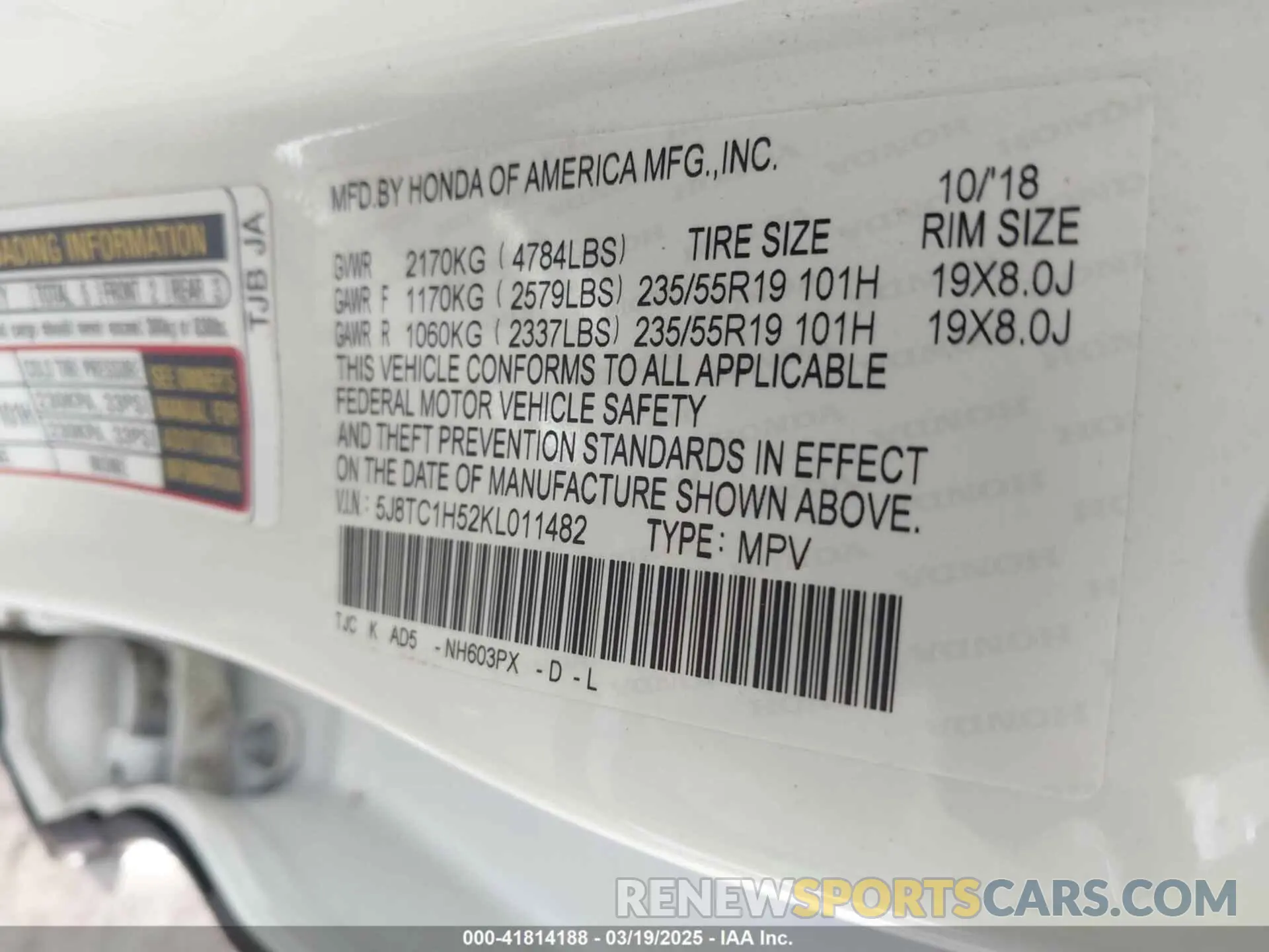 9 Фотография поврежденного автомобиля 5J8TC1H52KL011482 ACURA RDX 2019