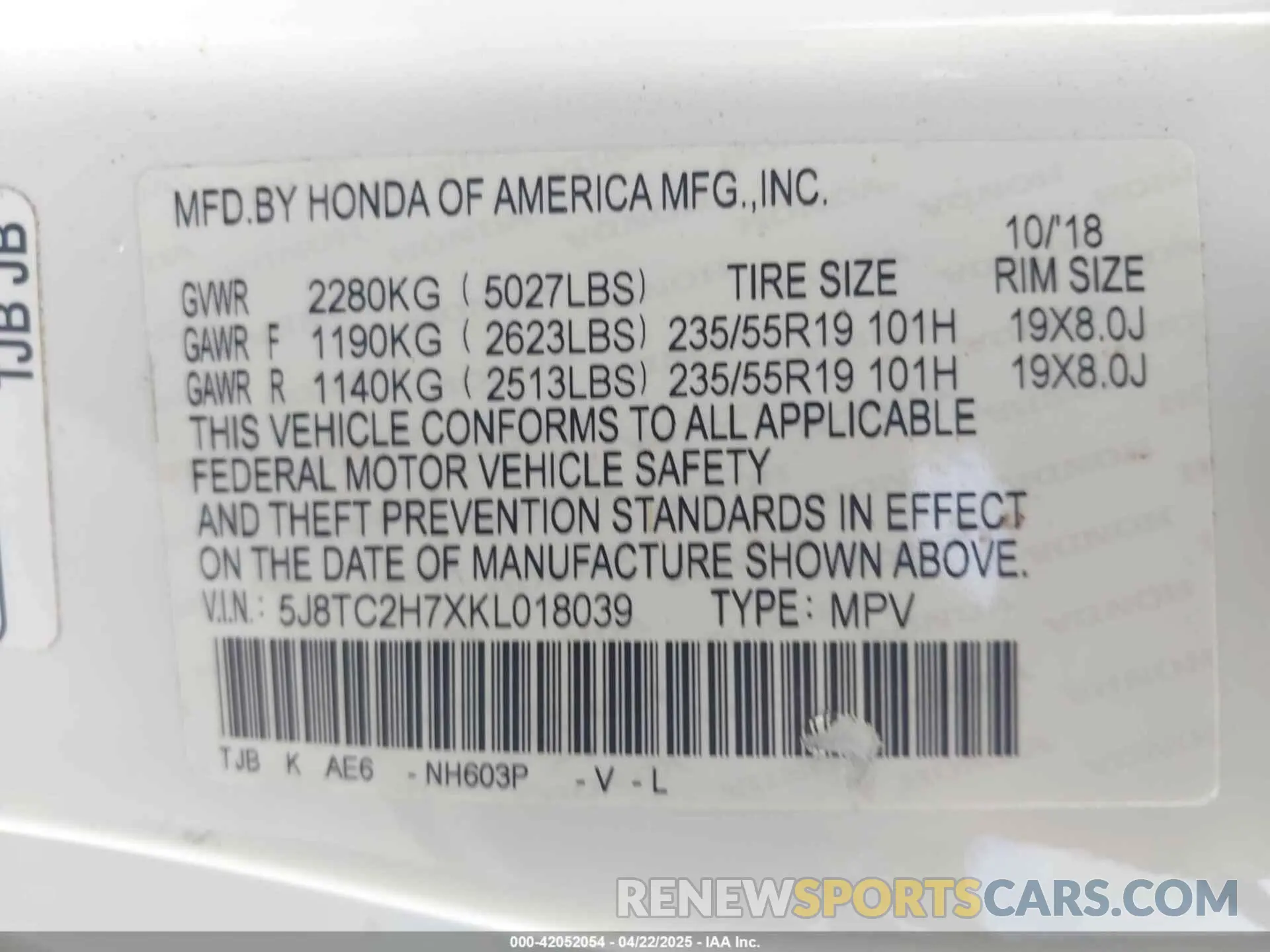 9 Photograph of a damaged car 5J8TC2H7XKL018039 ACURA RDX 2019