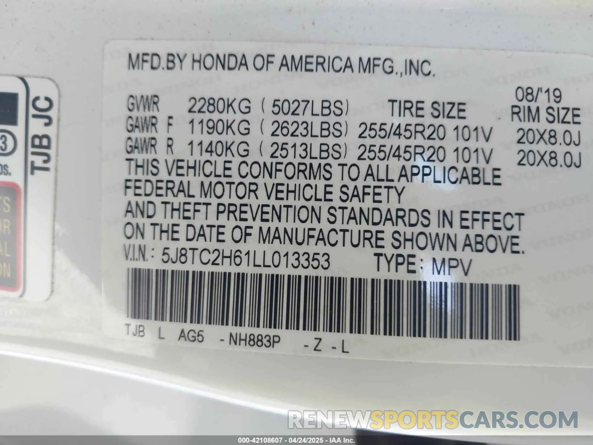 9 Photograph of a damaged car 5J8TC2H61LL013353 ACURA RDX 2020