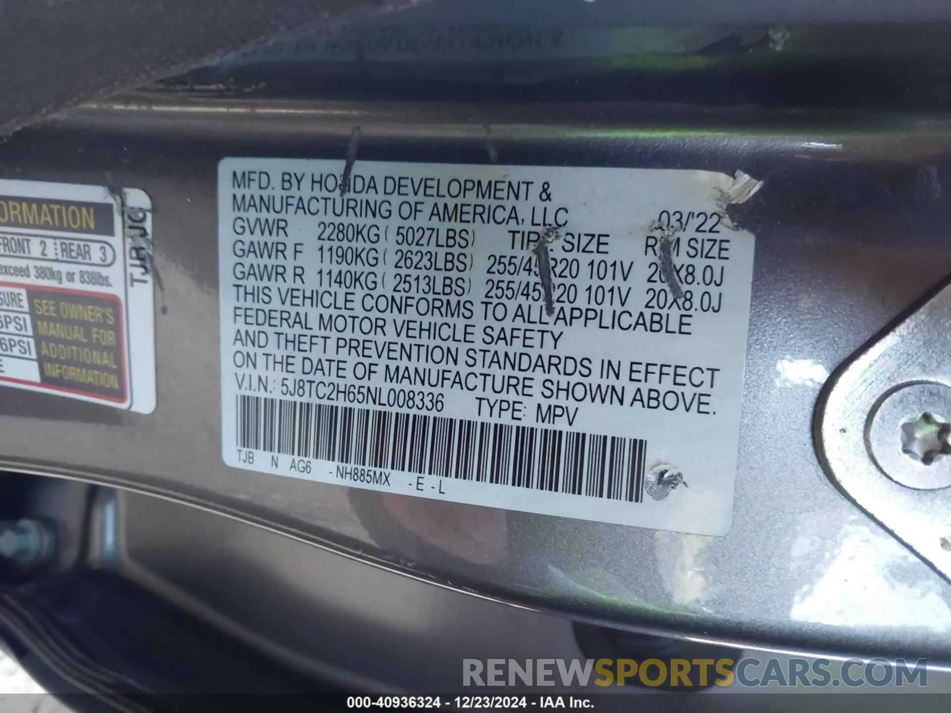 9 Фотография поврежденного автомобиля 5J8TC2H65NL008336 ACURA RDX 2022