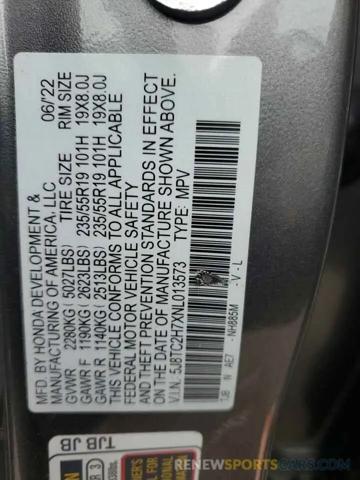 13 Photograph of a damaged car 5J8TC2H7XNL013573 ACURA RDX 2022