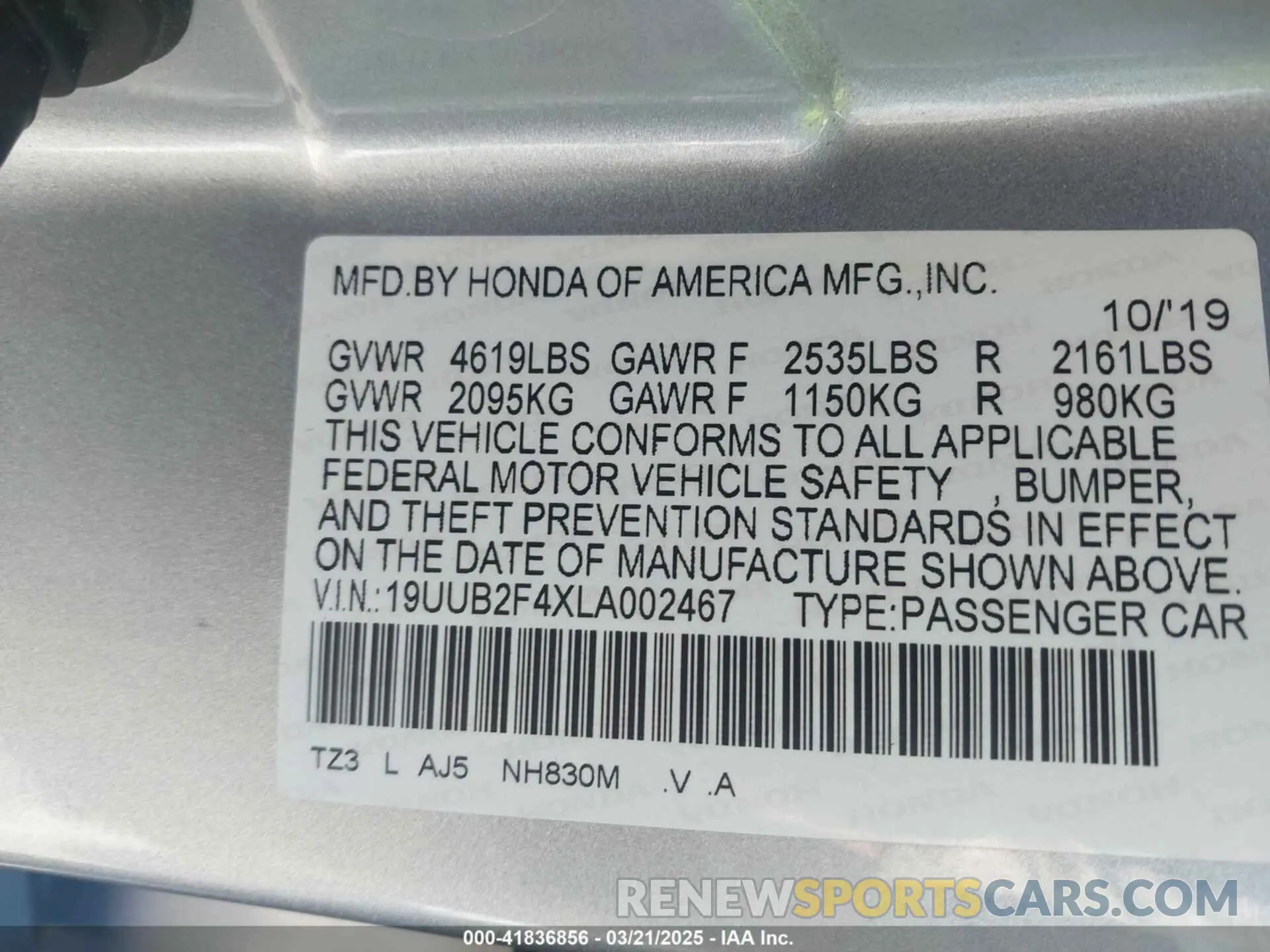 9 Фотография поврежденного автомобиля 19UUB2F4XLA002467 ACURA TLX 2020