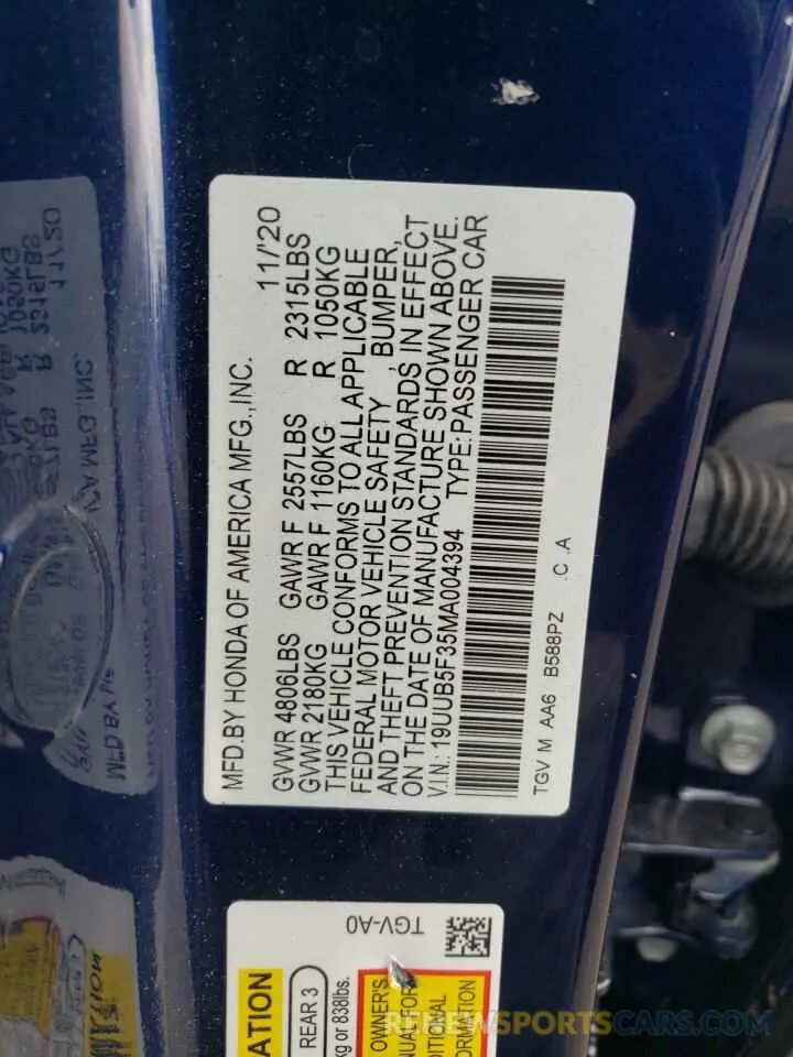 12 Photograph of a damaged car 19UUB5F35MA004394 ACURA TLX 2021