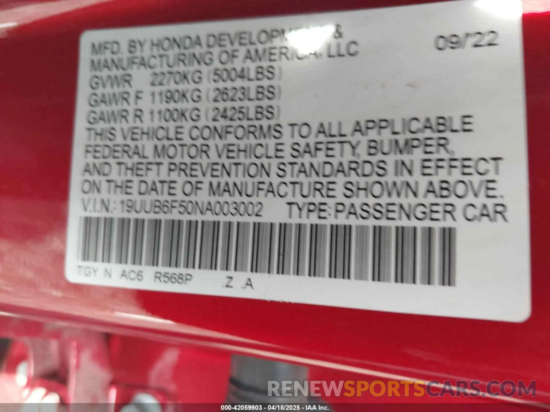 9 Photograph of a damaged car 19UUB6F50NA003002 ACURA TLX 2022