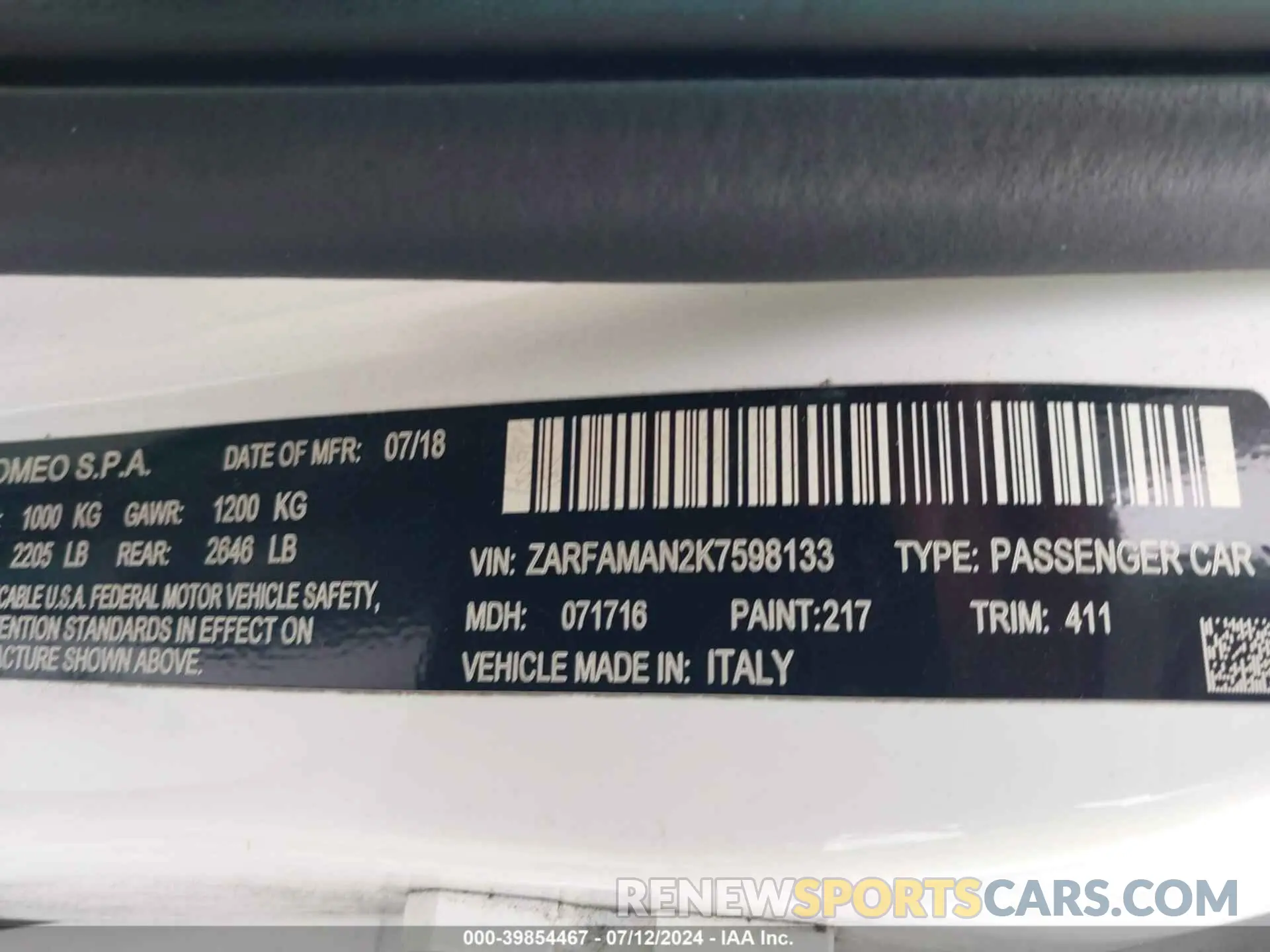 9 Photograph of a damaged car ZARFAMAN2K7598133 ALFA ROMEO GIULIA 2019