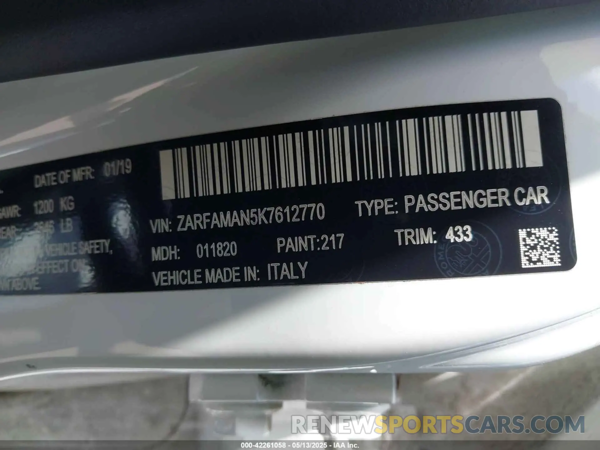9 Photograph of a damaged car ZARFAMAN5K7612770 ALFA ROMEO GIULIA 2019