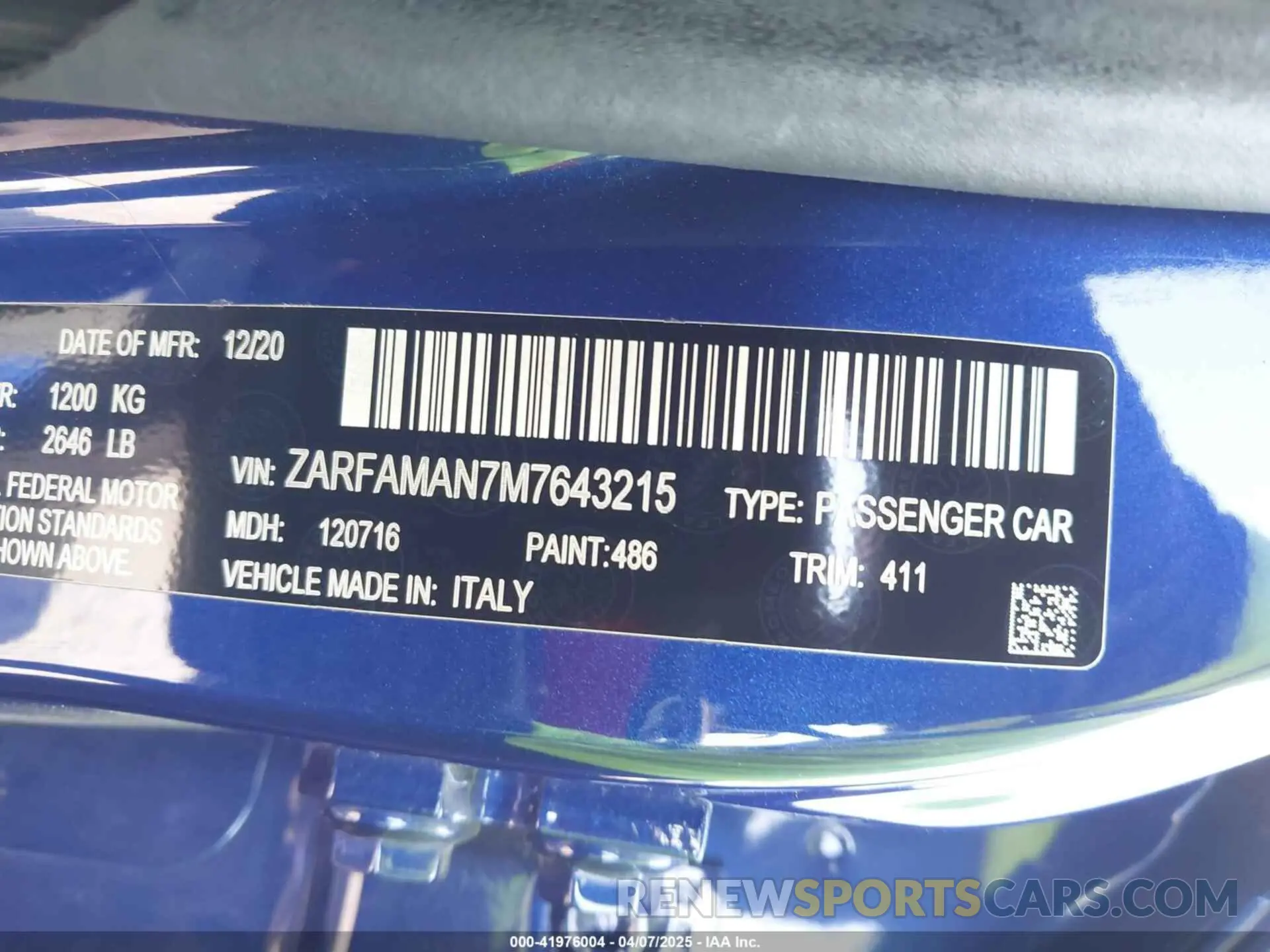 9 Фотография поврежденного автомобиля ZARFAMAN7M7643215 ALFA ROMEO GIULIA 2021