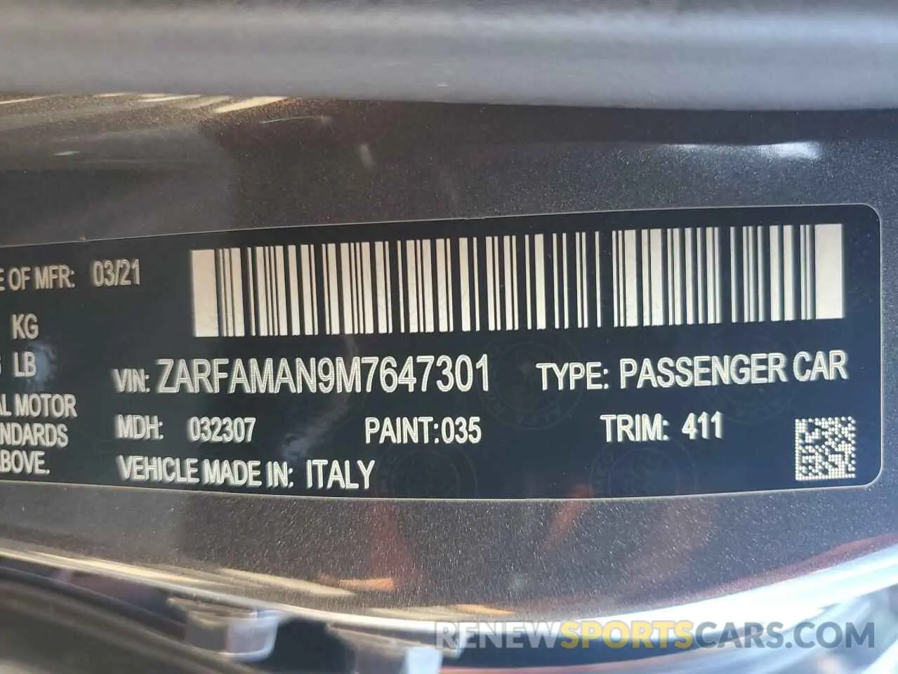 14 Photograph of a damaged car ZARFAMAN9M7647301 ALFA ROMEO GIULIA 2021
