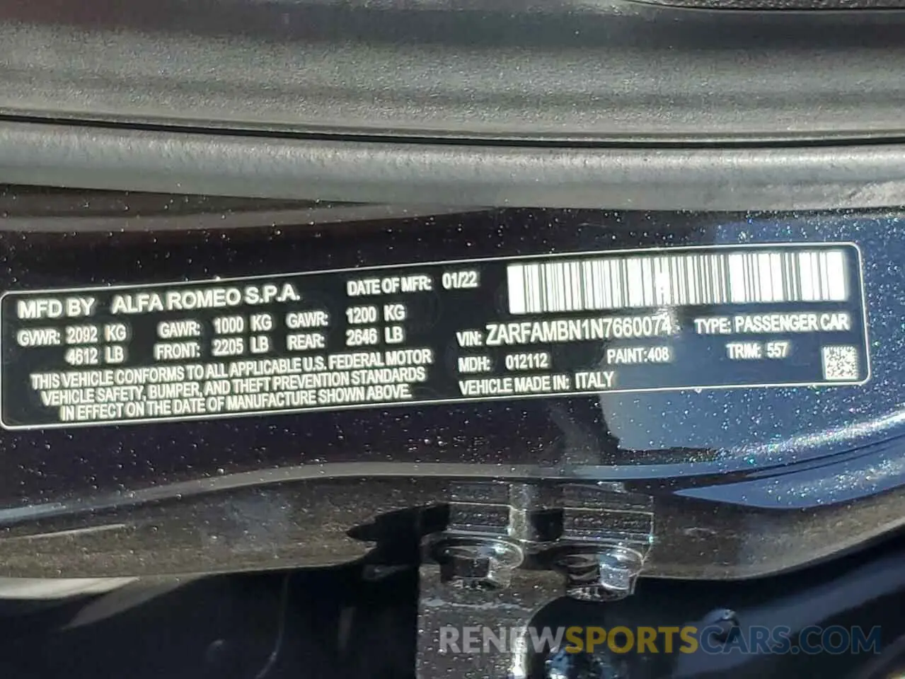 12 Photograph of a damaged car ZARFAMBN1N7660074 ALFA ROMEO GIULIA SUP 2022
