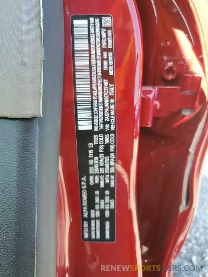 15 Photograph of a damaged car ZASPAJAN0K7C37407 ALFA ROMEO STELVIO 2019