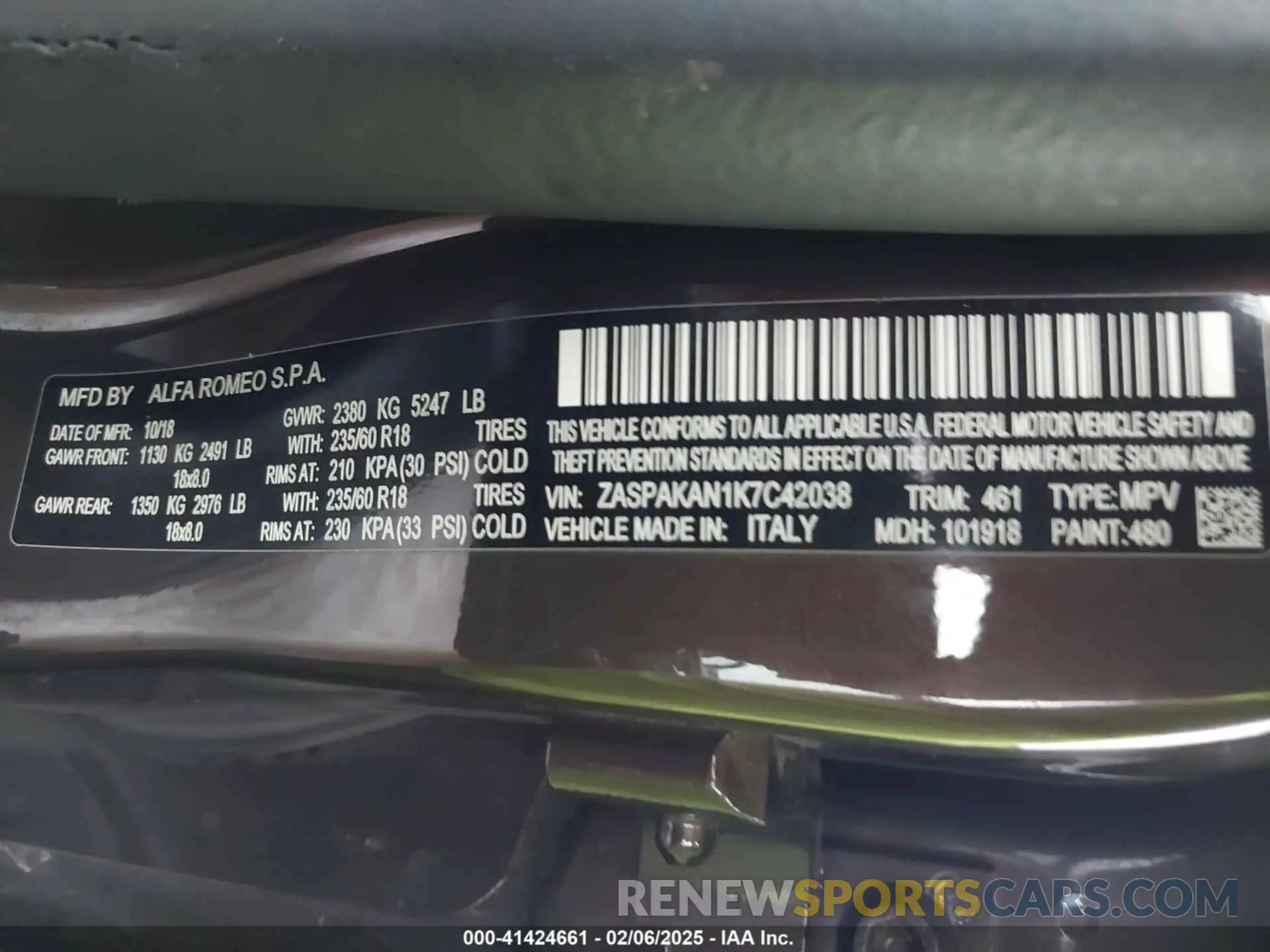 9 Photograph of a damaged car ZASPAKAN1K7C42038 ALFA ROMEO STELVIO 2019
