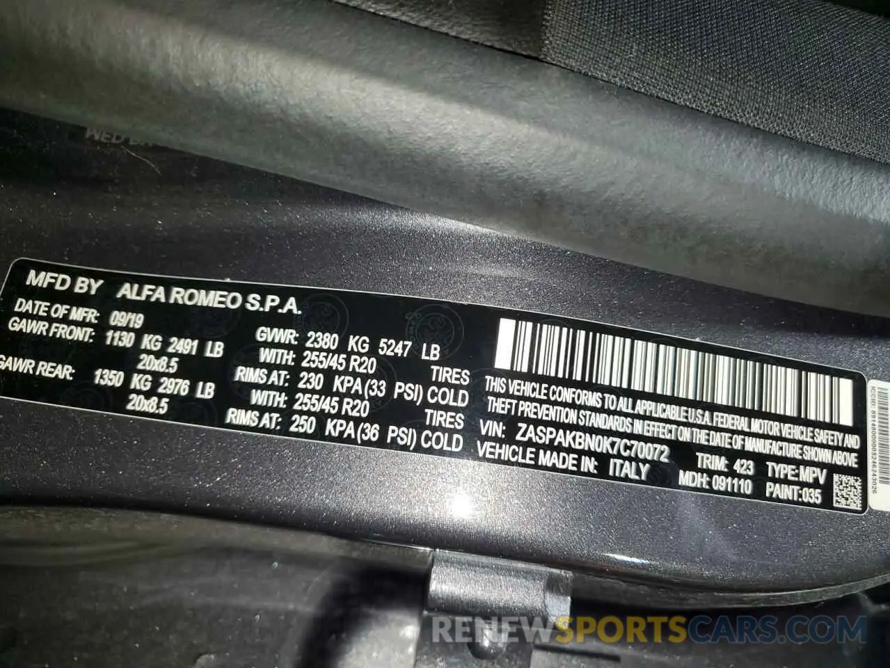 13 Photograph of a damaged car ZASPAKBN0K7C70072 ALFA ROMEO STELVIO 2019