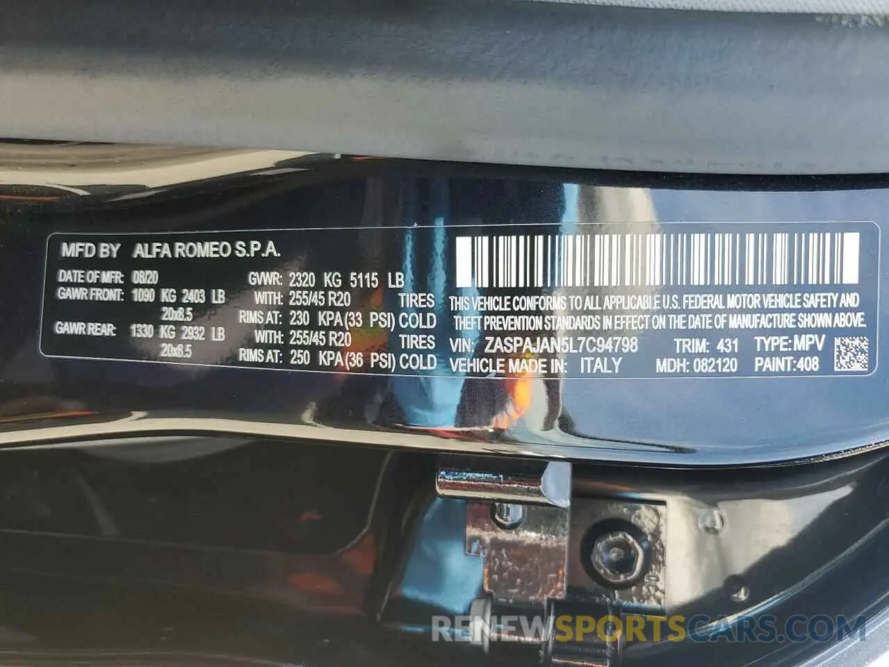 12 Photograph of a damaged car ZASPAJAN5L7C94798 ALFA ROMEO STELVIO 2020