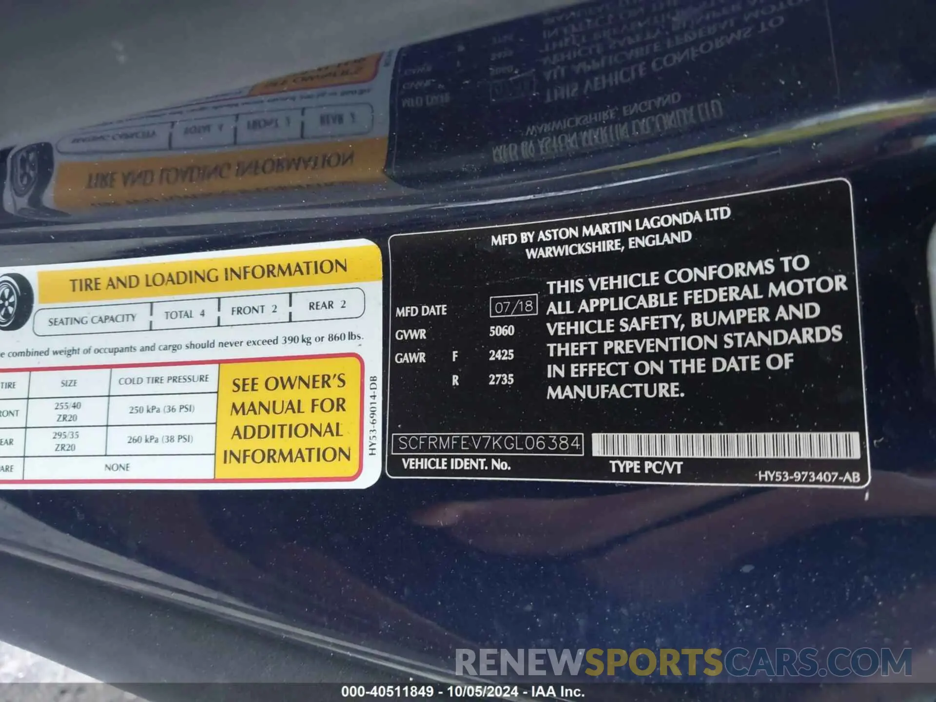 9 Photograph of a damaged car SCFRMFEV7KGL06384 ASTON MARTIN DB11 2019