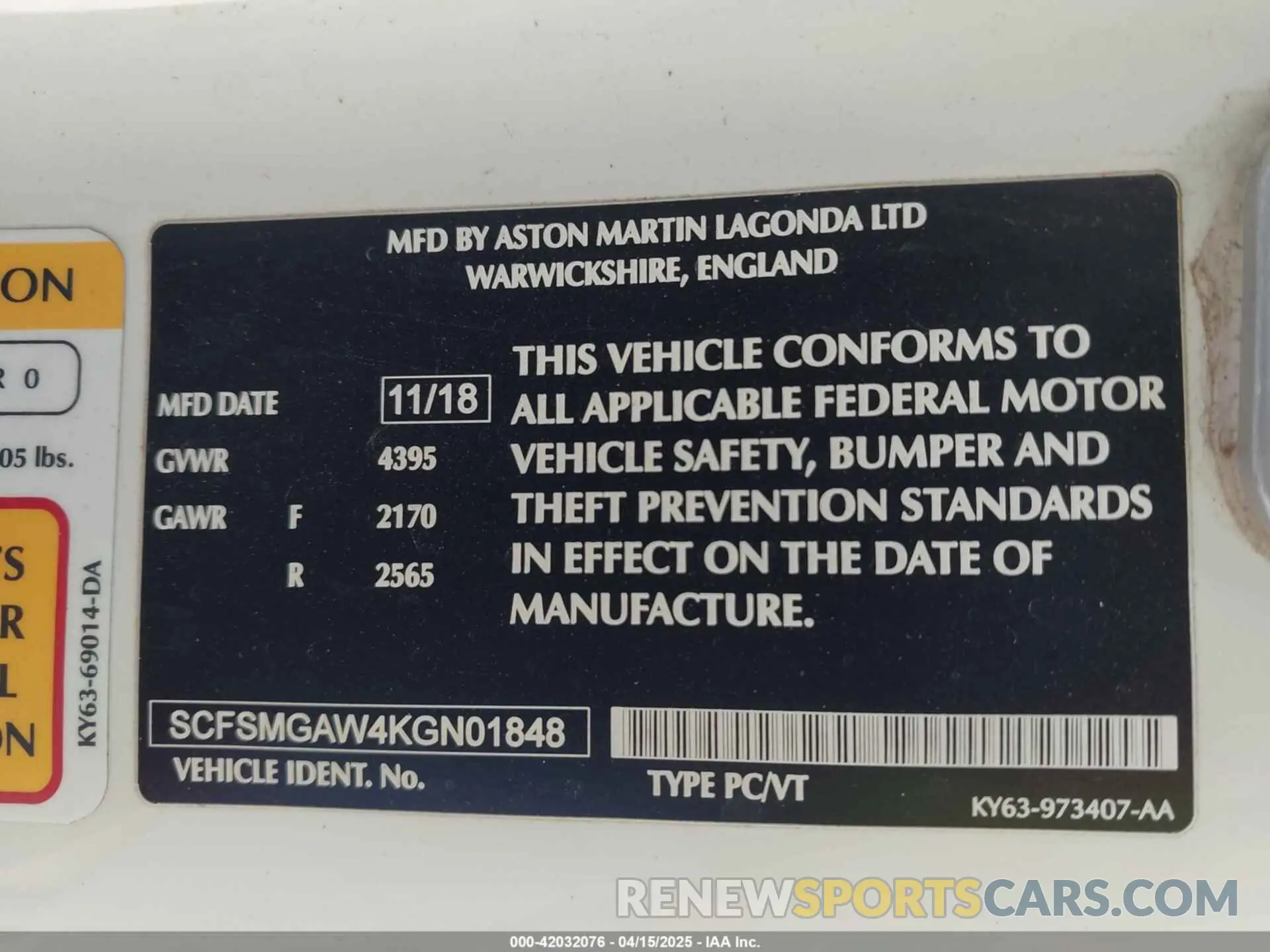 9 Photograph of a damaged car SCFSMGAW4KGN01848 ASTON MARTIN VANTAGE 2019
