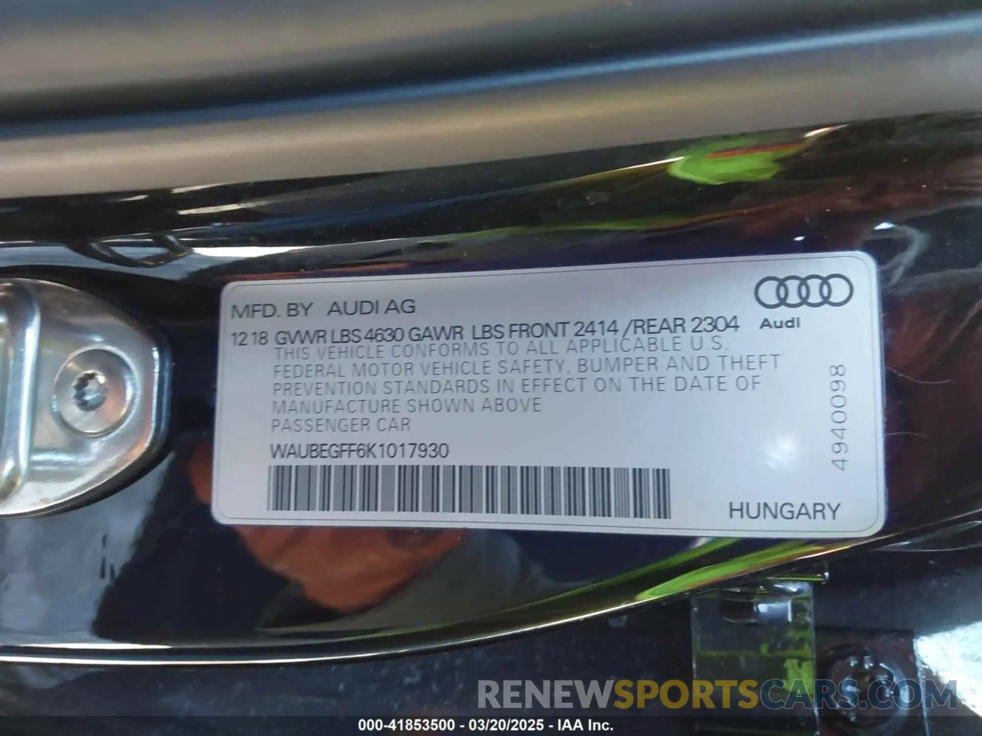9 Photograph of a damaged car WAUBEGFF6K1017930 AUDI A3 2019