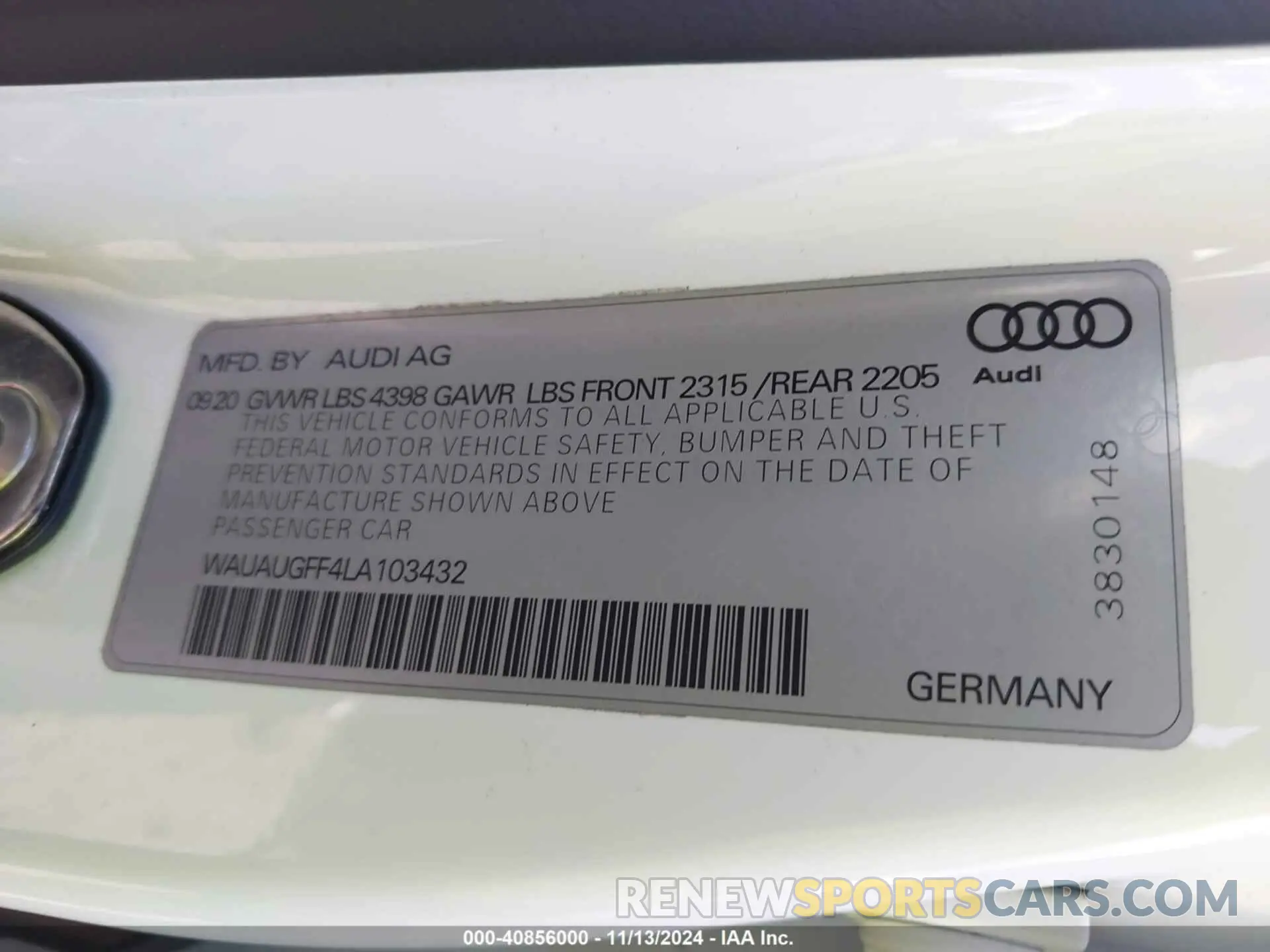 9 Фотография поврежденного автомобиля WAUAUGFF4LA103432 AUDI A3 2020