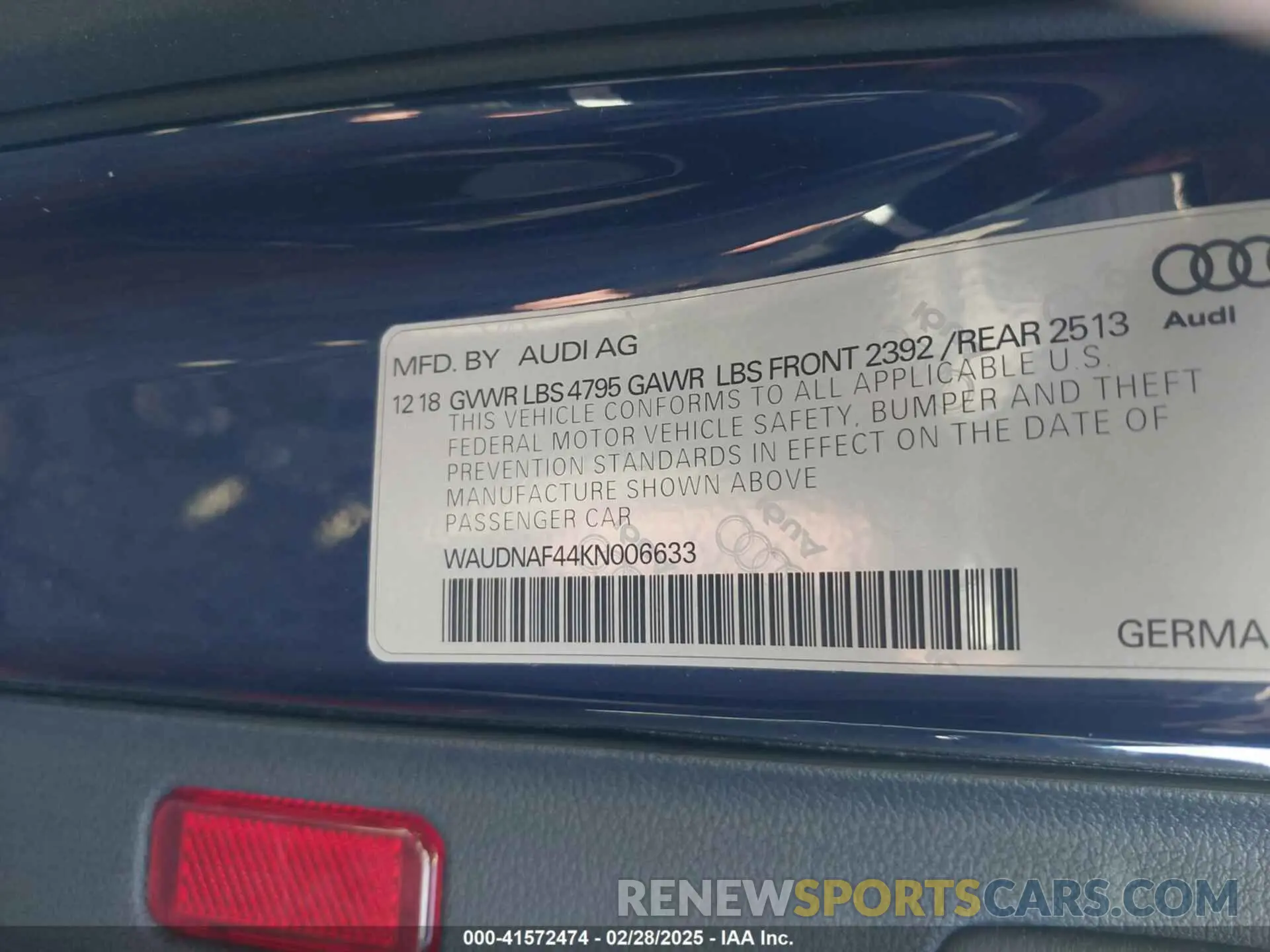 9 Photograph of a damaged car WAUDNAF44KN006633 AUDI A4 2019