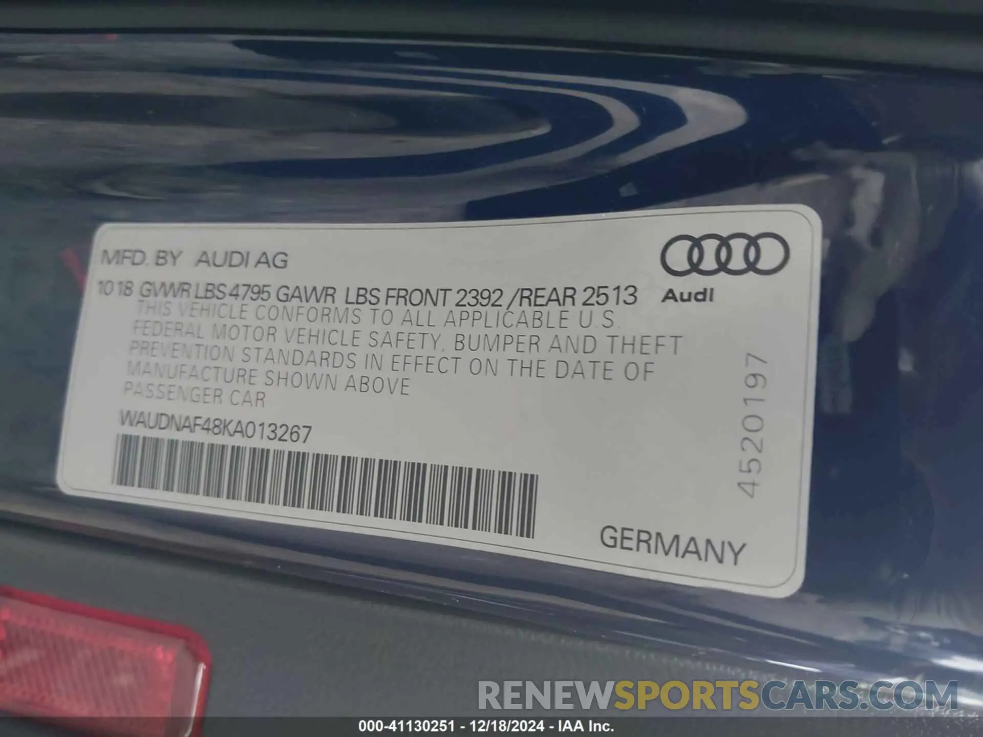 9 Photograph of a damaged car WAUDNAF48KA013267 AUDI A4 2019