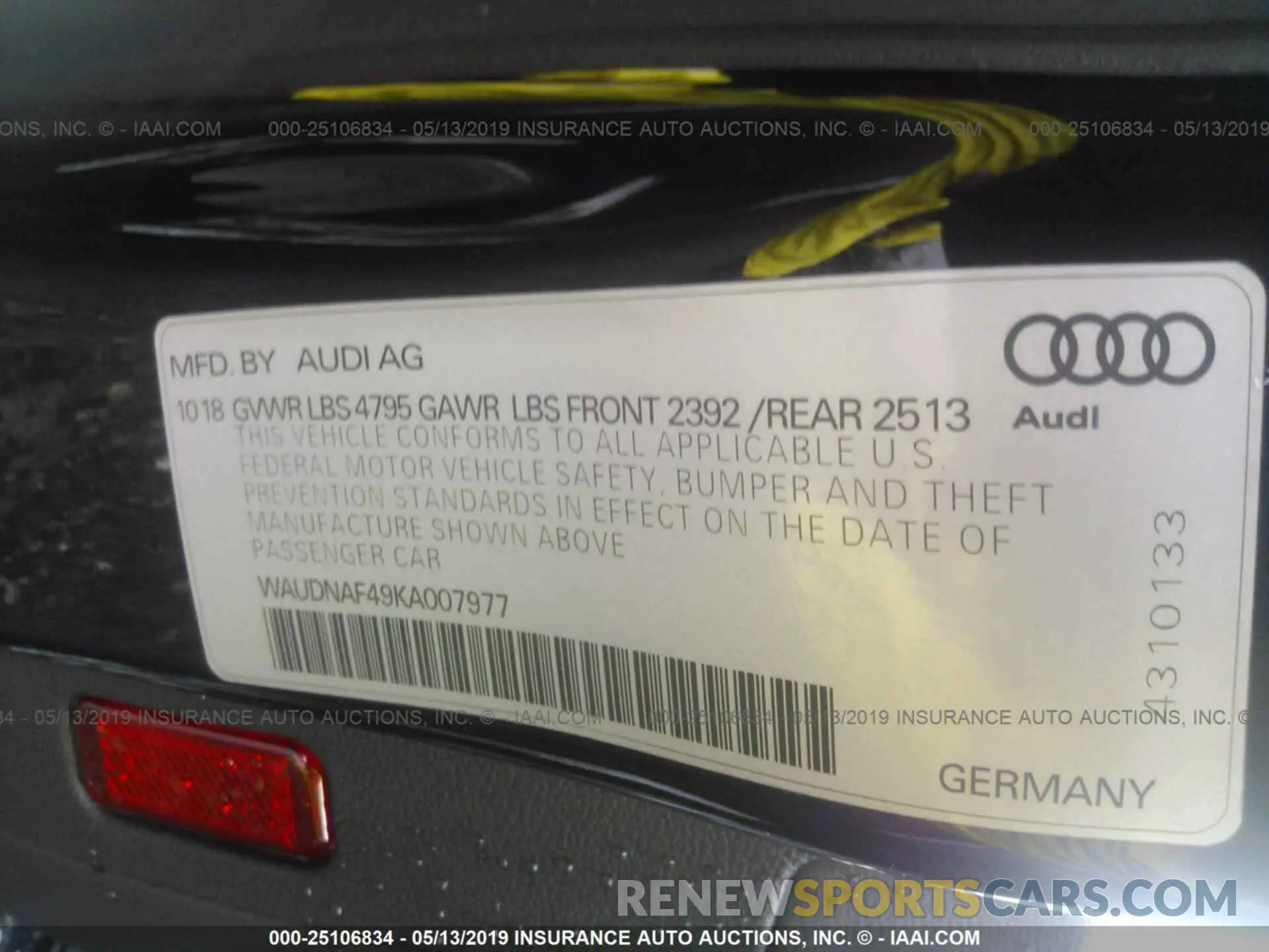 9 Photograph of a damaged car WAUDNAF49KA007977 AUDI A4 2019