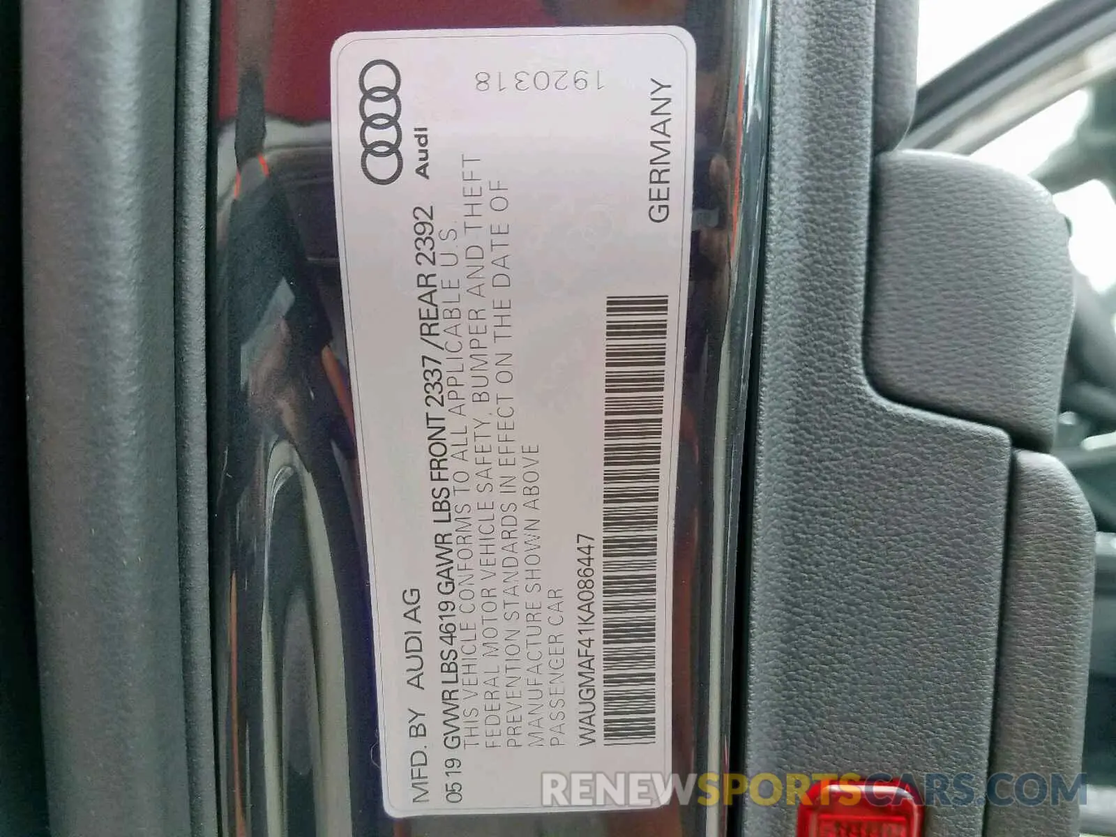 10 Photograph of a damaged car WAUGMAF41KA086447 AUDI A4 2019