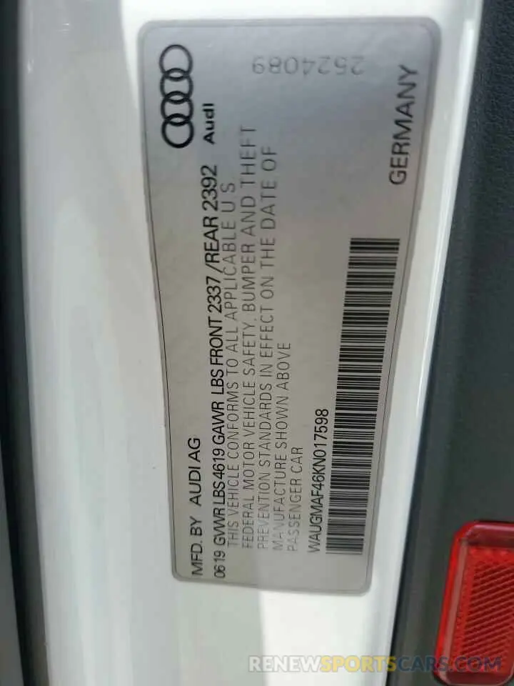 12 Фотография поврежденного автомобиля WAUGMAF46KN017598 AUDI A4 2019