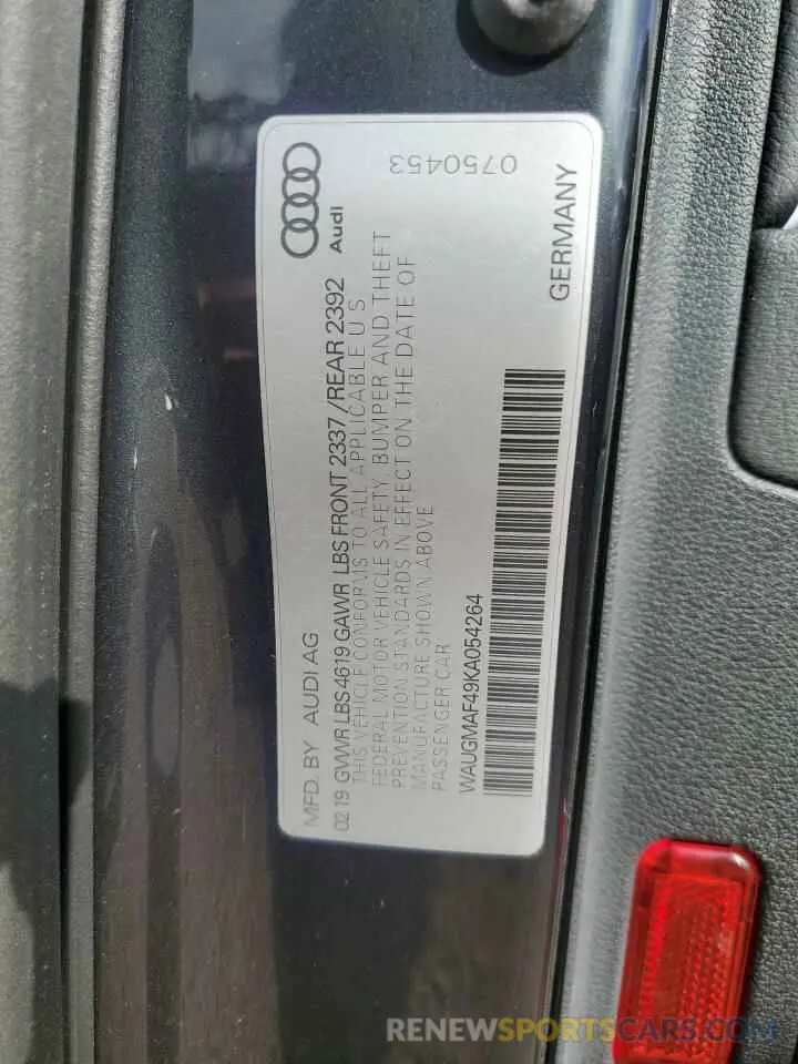 14 Фотография поврежденного автомобиля WAUGMAF49KA054264 AUDI A4 2019