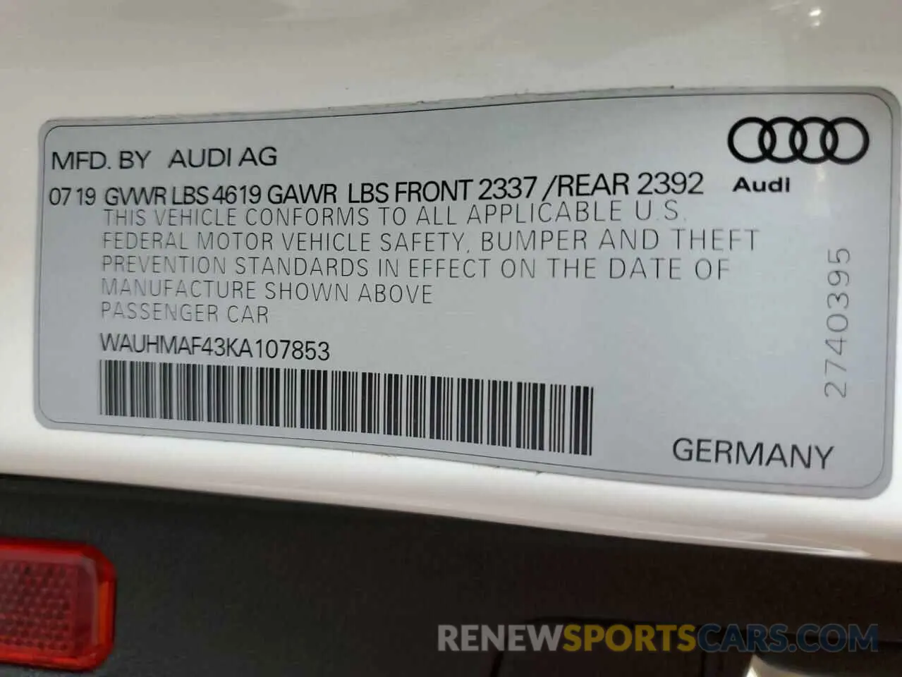 12 Photograph of a damaged car WAUHMAF43KA107853 AUDI A4 2019