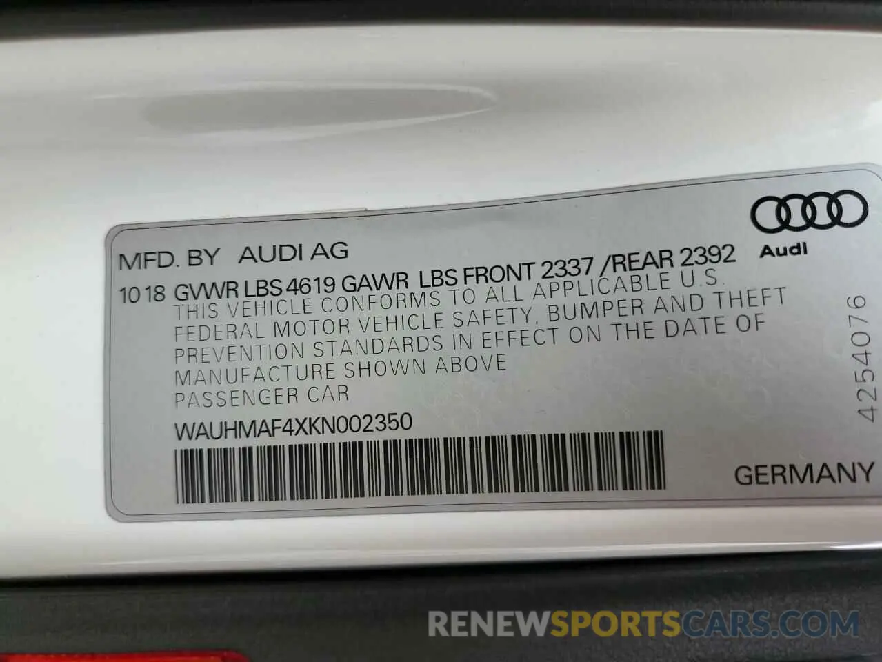 12 Photograph of a damaged car WAUHMAF4XKN002350 AUDI A4 2019