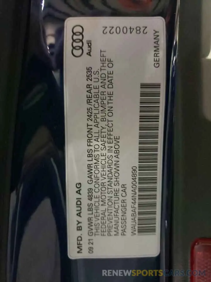10 Фотография поврежденного автомобиля WAUABAF44NA004890 AUDI A4 2022