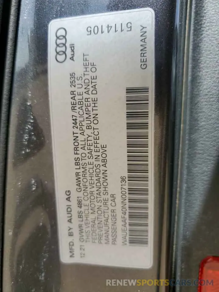 12 Фотография поврежденного автомобиля WAUEAAF40NN007136 AUDI A4 2022