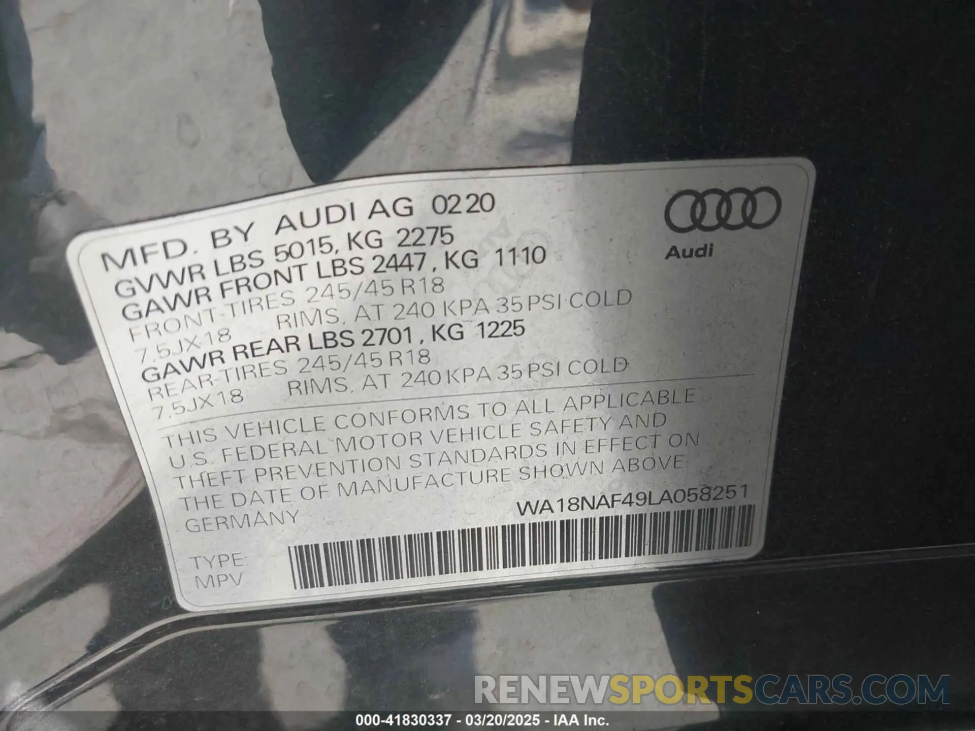 9 Photograph of a damaged car WA18NAF49LA058251 AUDI A4 ALLROAD 2020