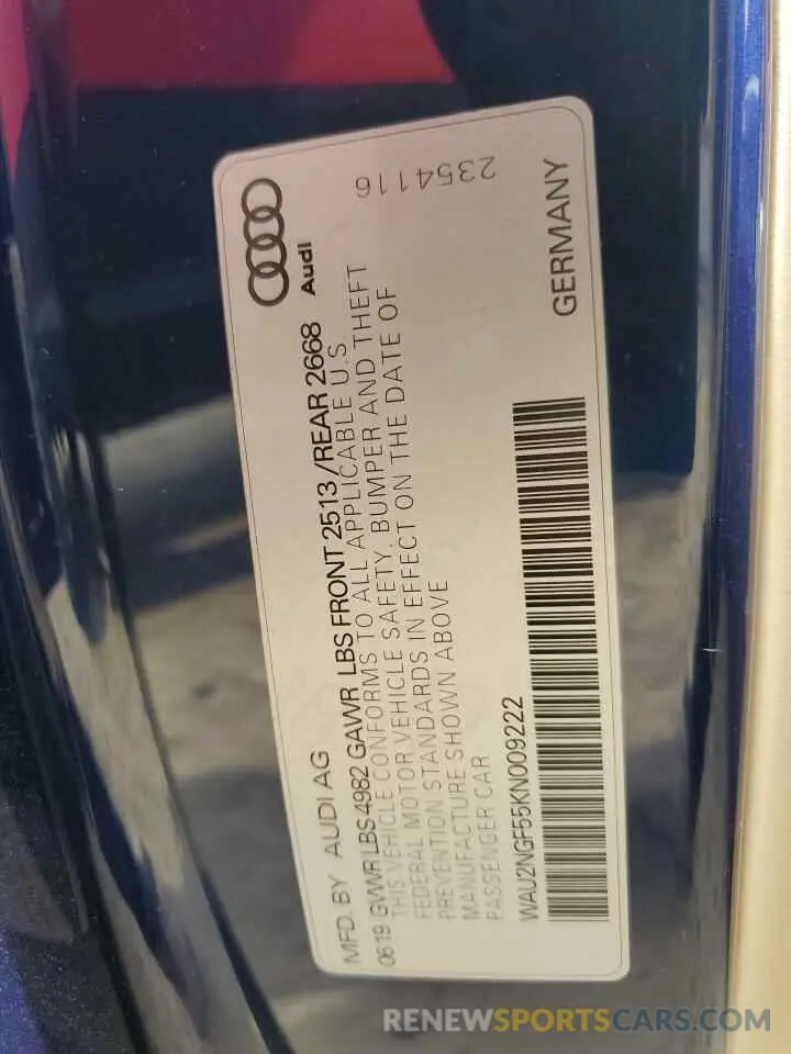 13 Фотография поврежденного автомобиля WAU2NGF55KN009222 AUDI A5 2019