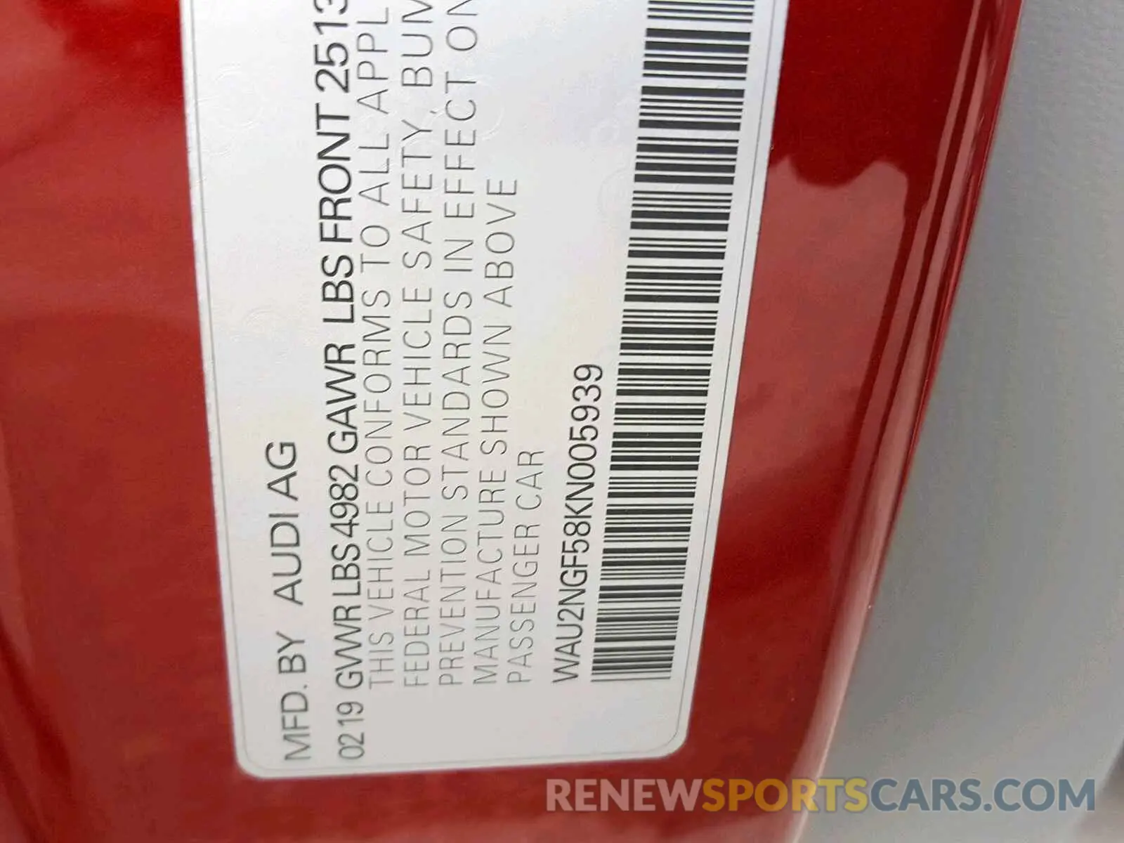 10 Photograph of a damaged car WAU2NGF58KN005939 AUDI A5 2019